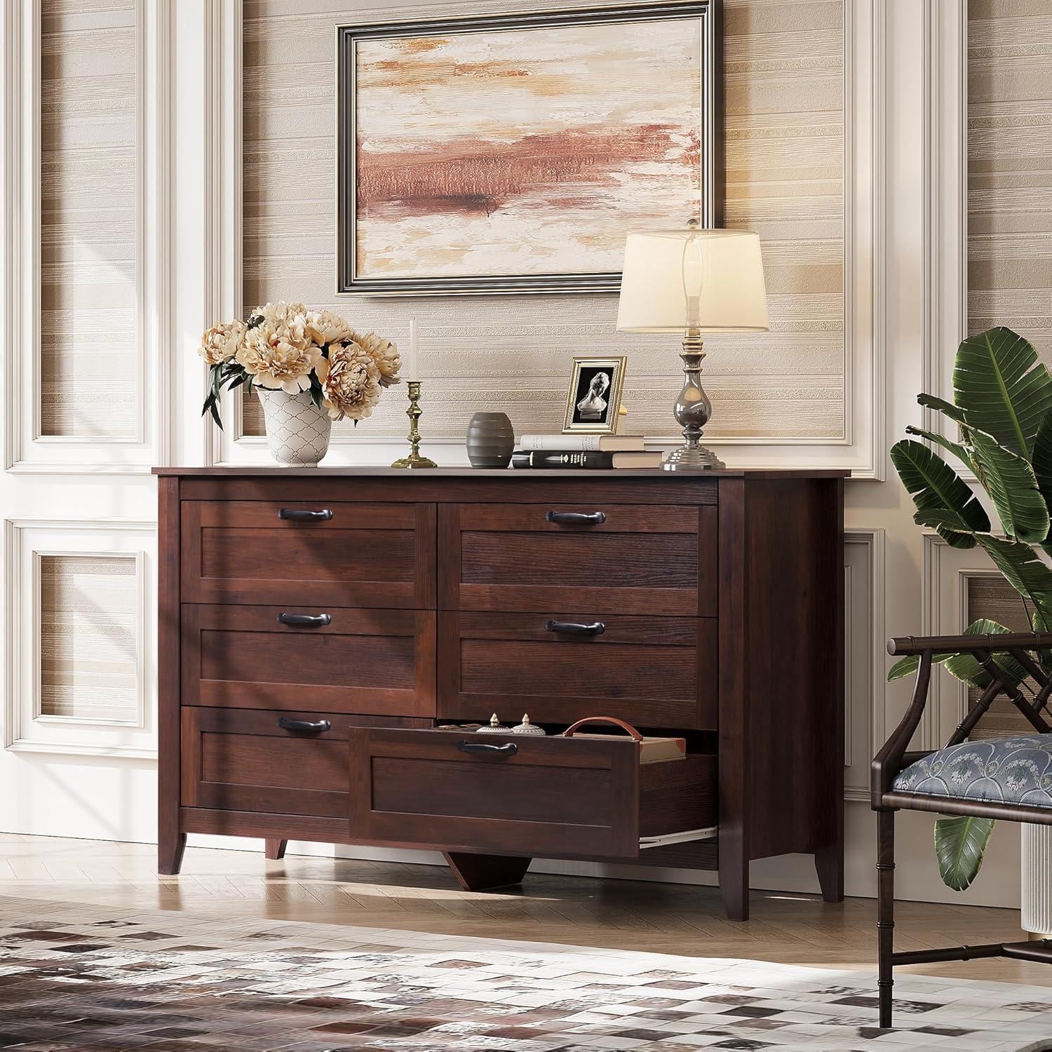 Brown Double Wood Dresser with Metal Handles