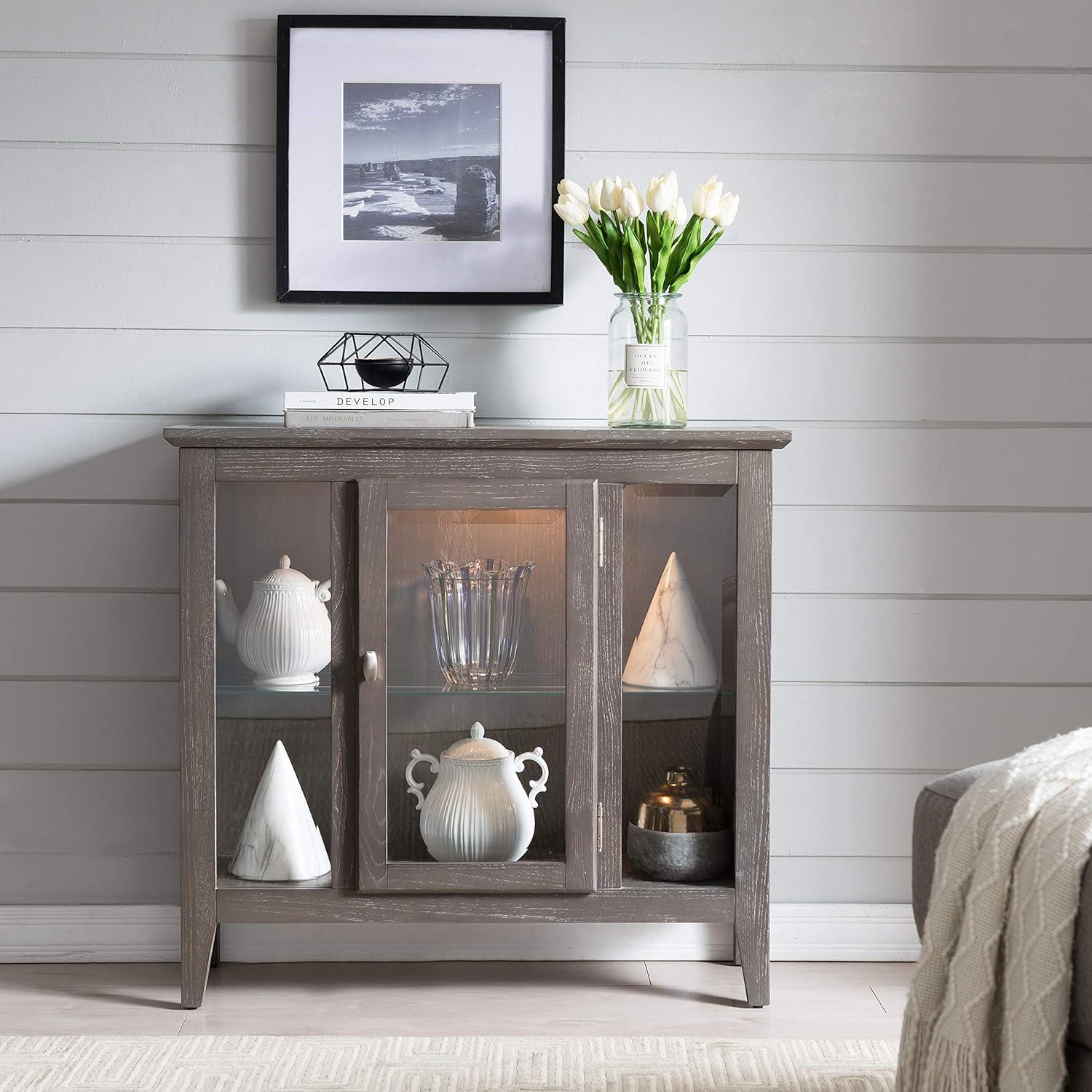 Weathered Gray Lighted Entryway Curio Cabinet with Beveled Glass