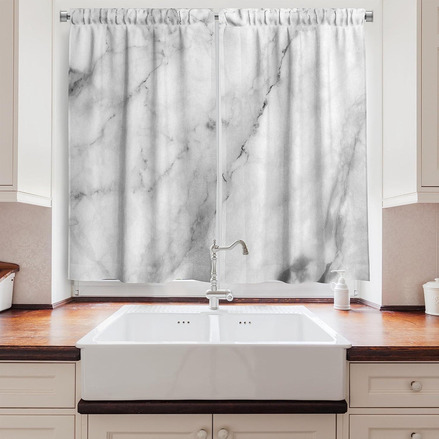 Ambesonne Marble Print Kitchen Curtains, Granite Surface Motif, 55"x39", Grey Dust White