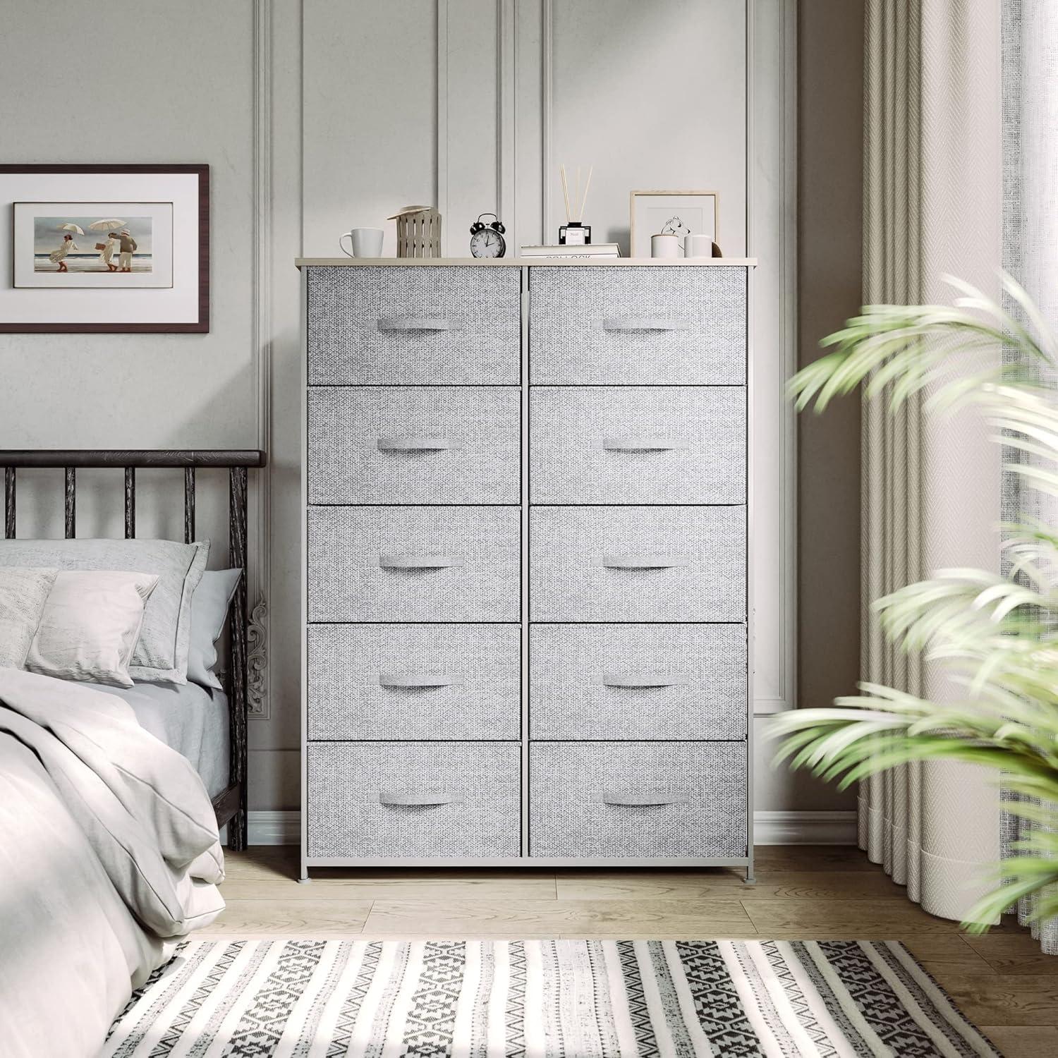 Gray 10-Drawer Fabric Storage Tower with Wooden Top