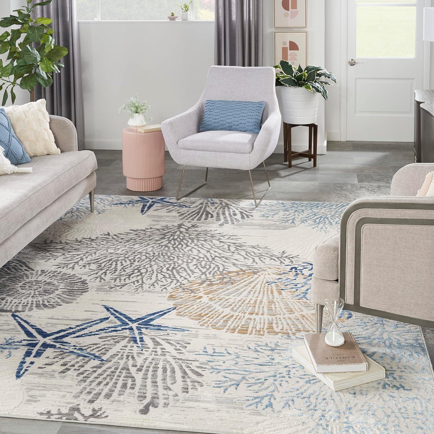 Nourison Pompeii 7'10" x 9'10" Ivory Grey Blue Coastal, Nautical & Beach Indoor Rug
