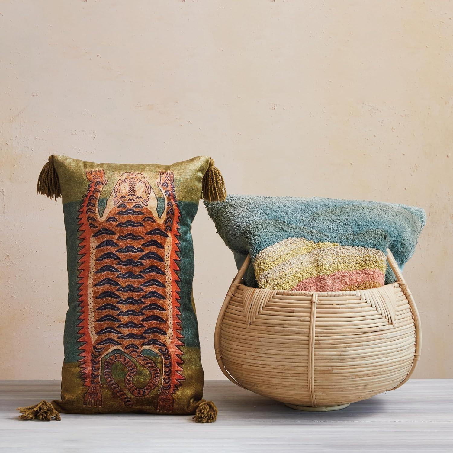 Multicolor Cotton Velvet Tiger Lumbar Pillow with Tassels