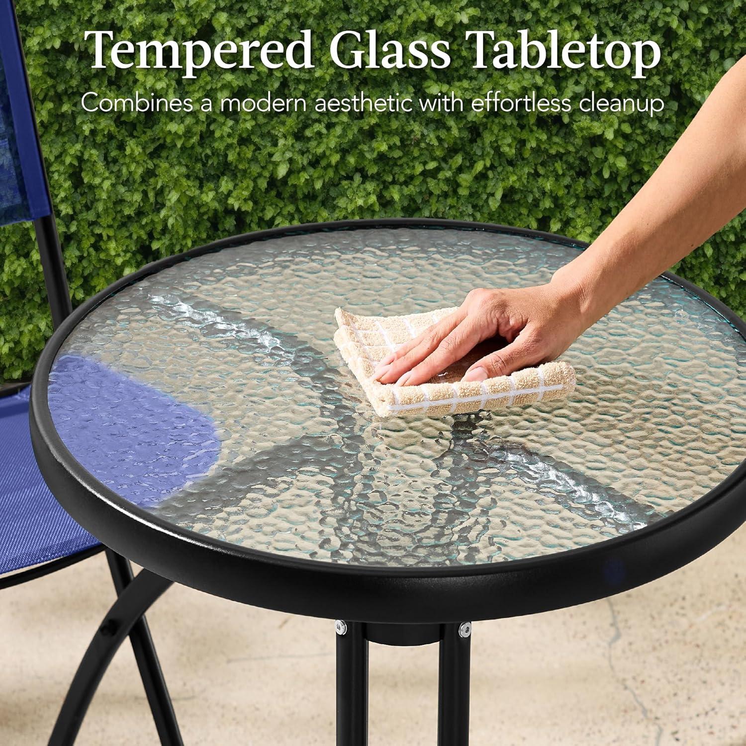 George Oliver 3-Piece Patio Bistro Dining Furniture Set W/ Glass Tabletop, Folding Chairs