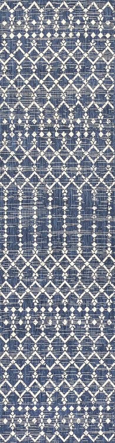 2' x 10' Ourika Moroccan Geometric Textured Weave Indoor/Outdoor Runner Rug, Navy/Beige - JONATHAN Y