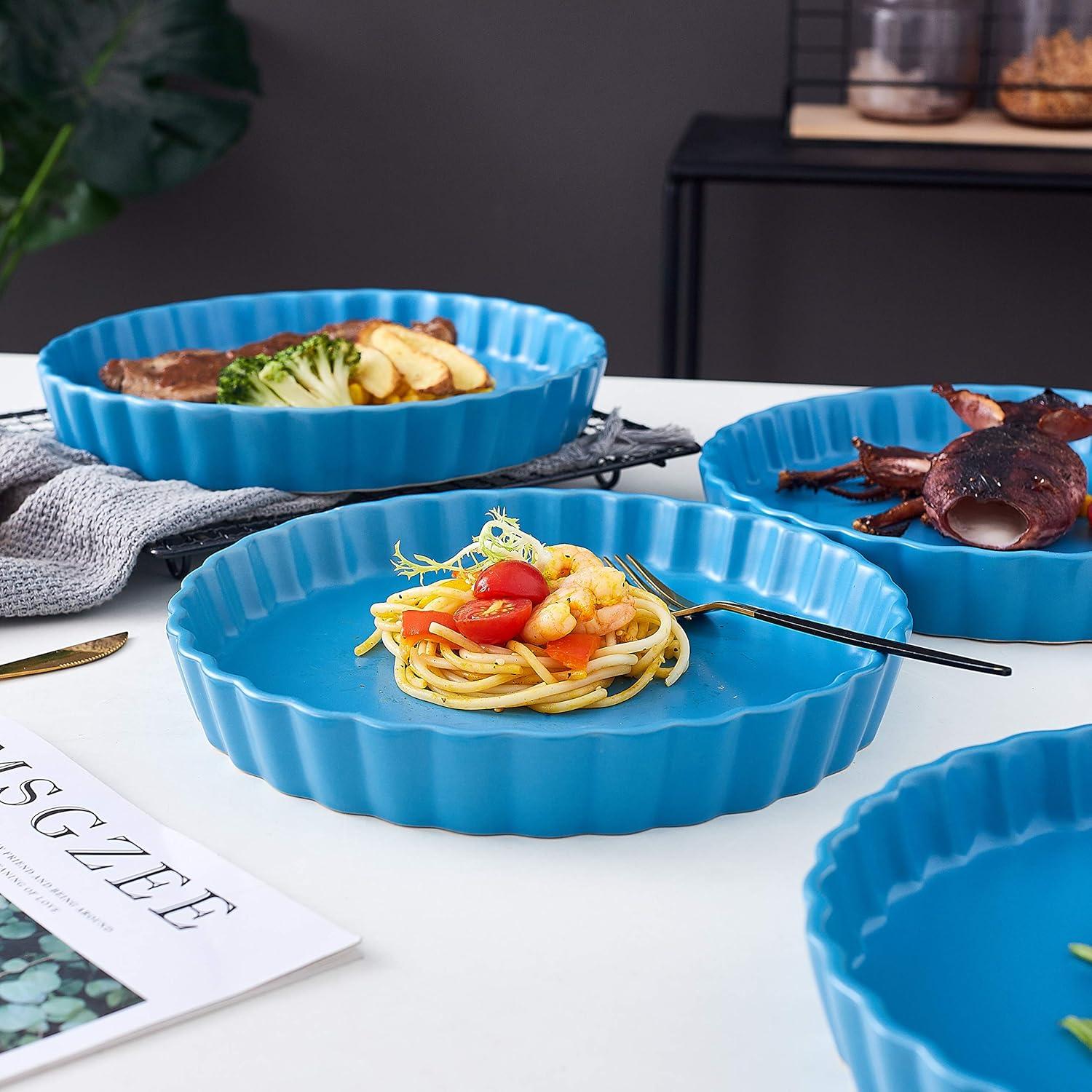 Bruntmor Ceramic Pie Pans Set of 4, Baking Dishes/Quiche Dish/Apple Pie/Tart. Oven Safe Nonstick Porcelain Round Baking Plate/Pot/Tart Pan. 10"/ Blue