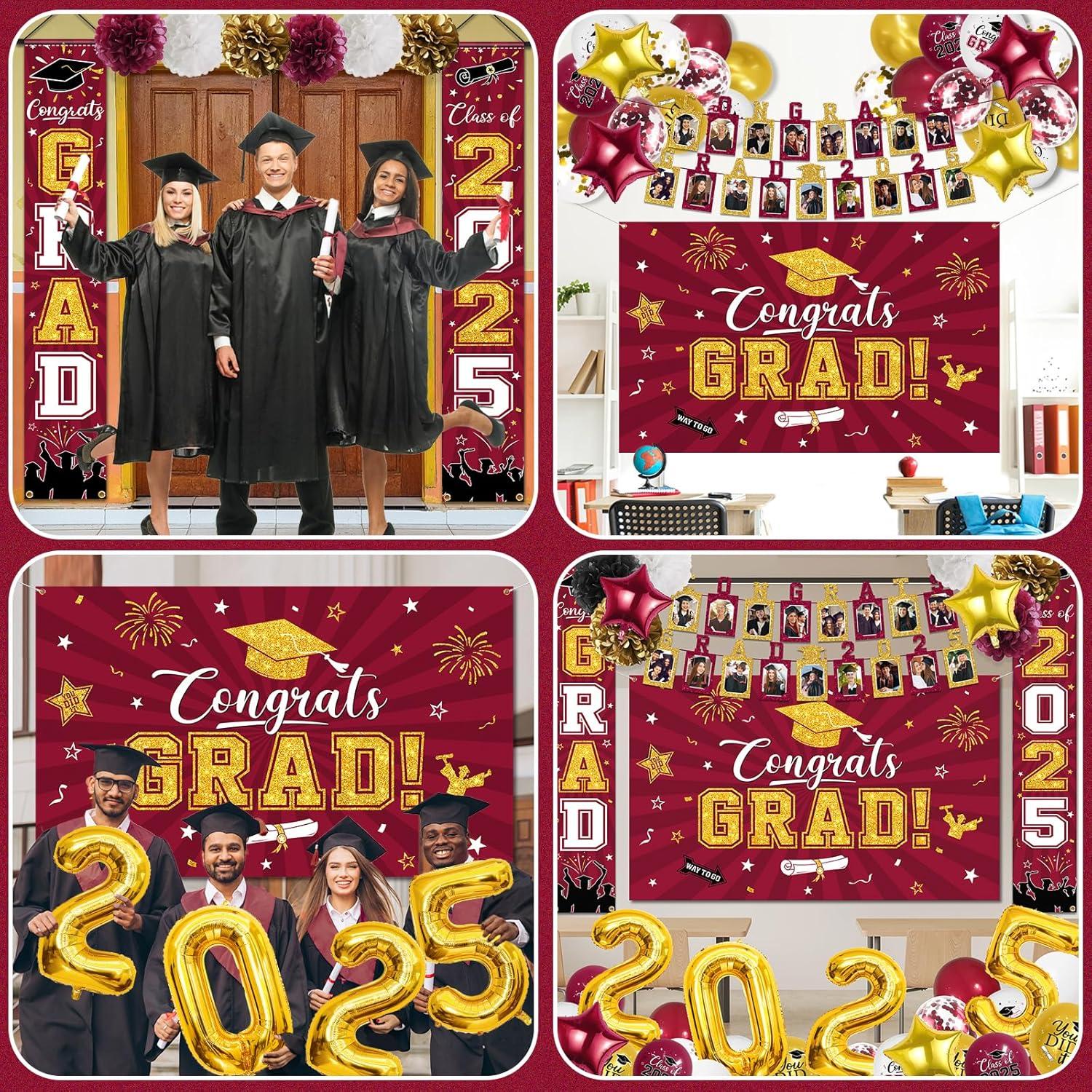 2025 Graduation Party Decoration, Red Gold Themed Set with Congrats Grad Banner, Balloons, Foil Number 2025 for Class of 2025 Graduation Party Supplies