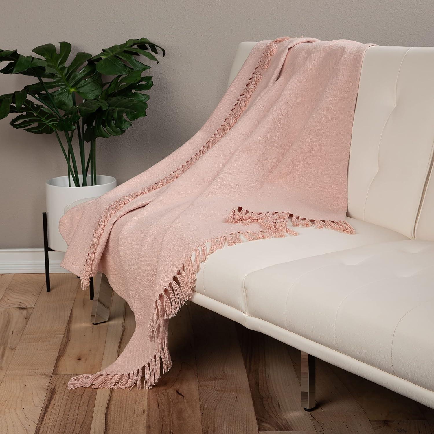 Sticky Toffee Cotton Throw Blanket for Couch, 60x50 in, Blush Pink Boho Woven Throw with Fringe, Textured Decorative Blankets