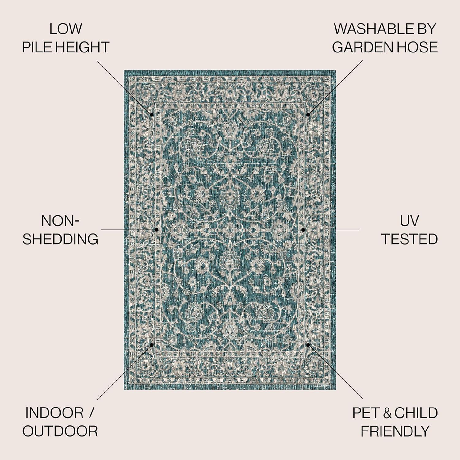 5' Round Palazzo Vine and Border Textured Weave Indoor/Outdoor Area Rug, Teal/Gray - JONATHAN Y