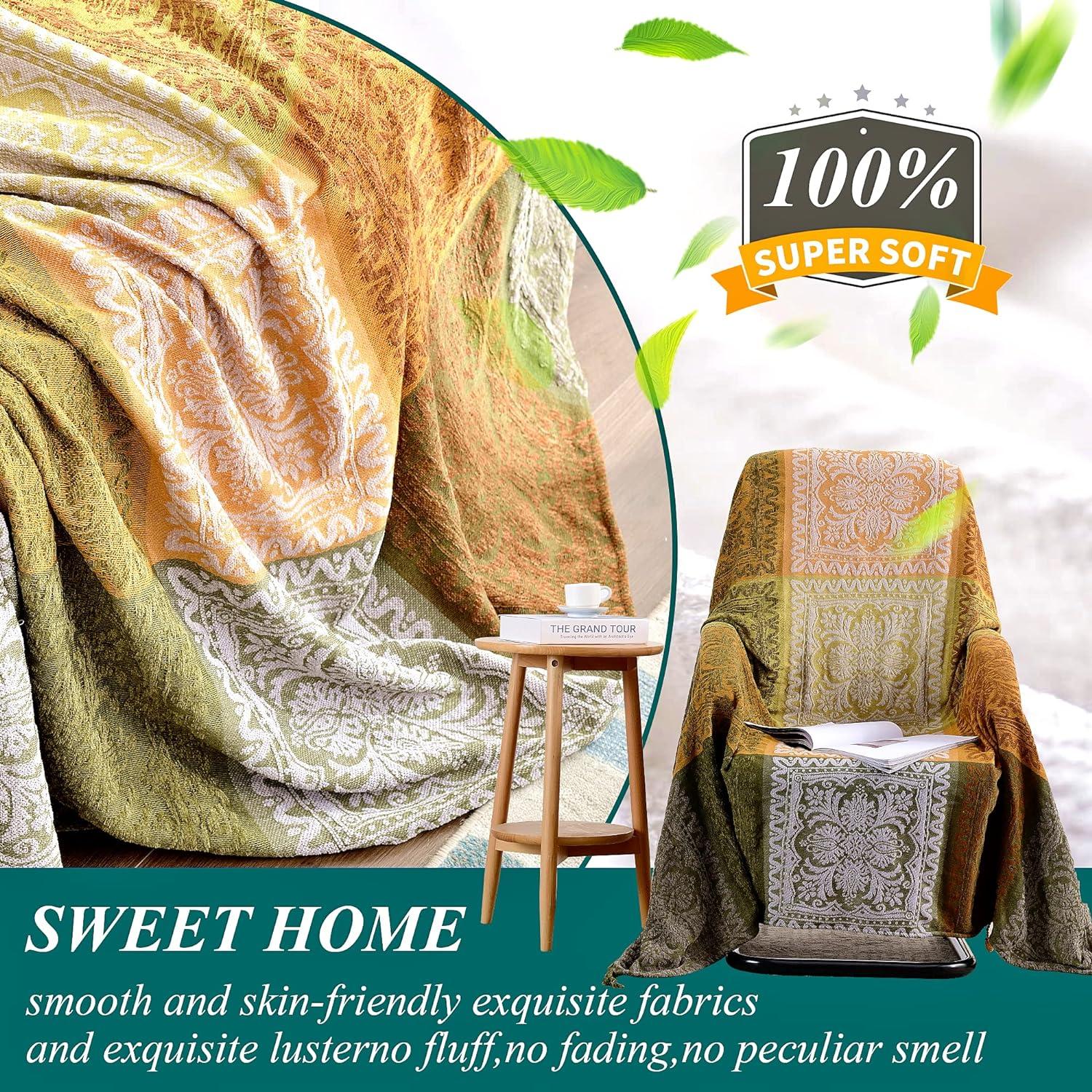 Boho Throw Blanket, Bohemian Tassels Throw Blankets for Bed Couch Soft Chair， Chenille Fringe Tassels ( Green, Large 86*102Inches)