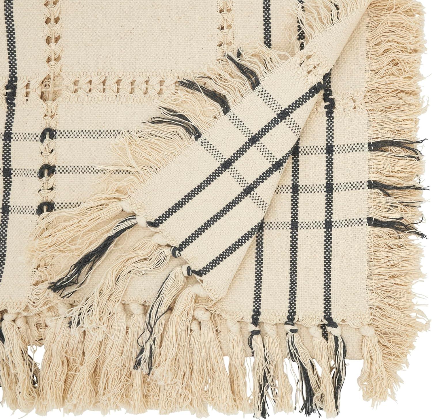 Saro Lifestyle Plaid Hemstitch Table Runner with Fringe, Beige, 16"x72"