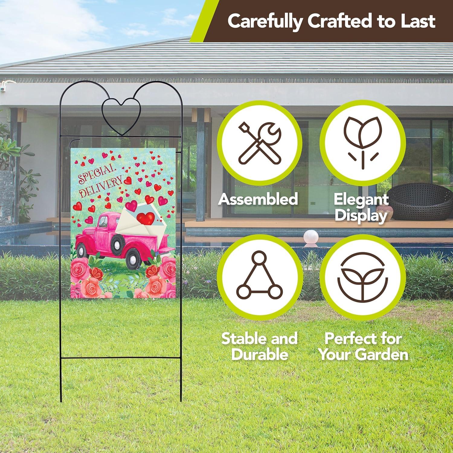 Black Powder Coated Wrought Iron Heart Garden Flag Arbor