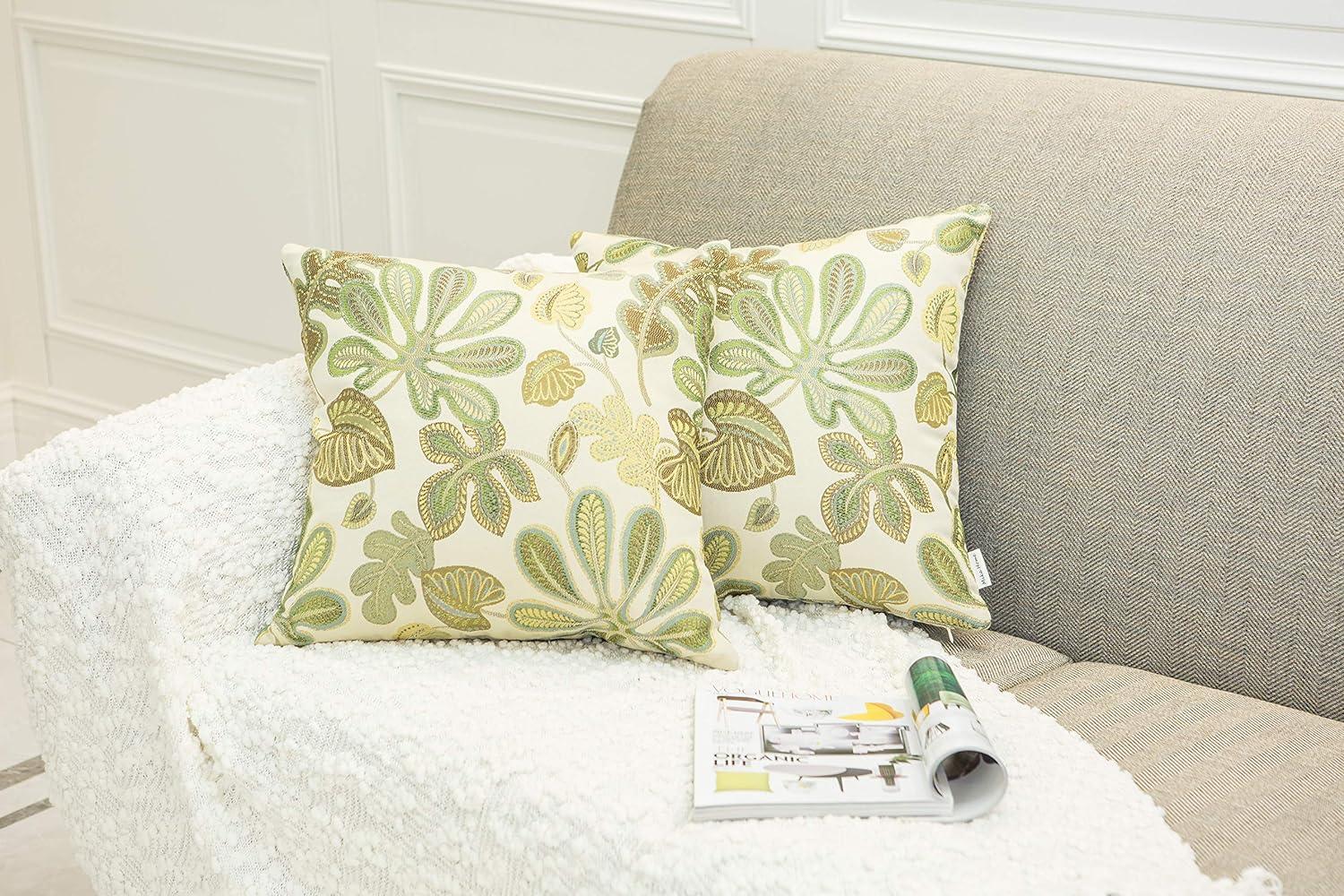 Set of 2 Green Cream Jacquard Tropical Leaf Throw Pillow Covers 20x20 Inches