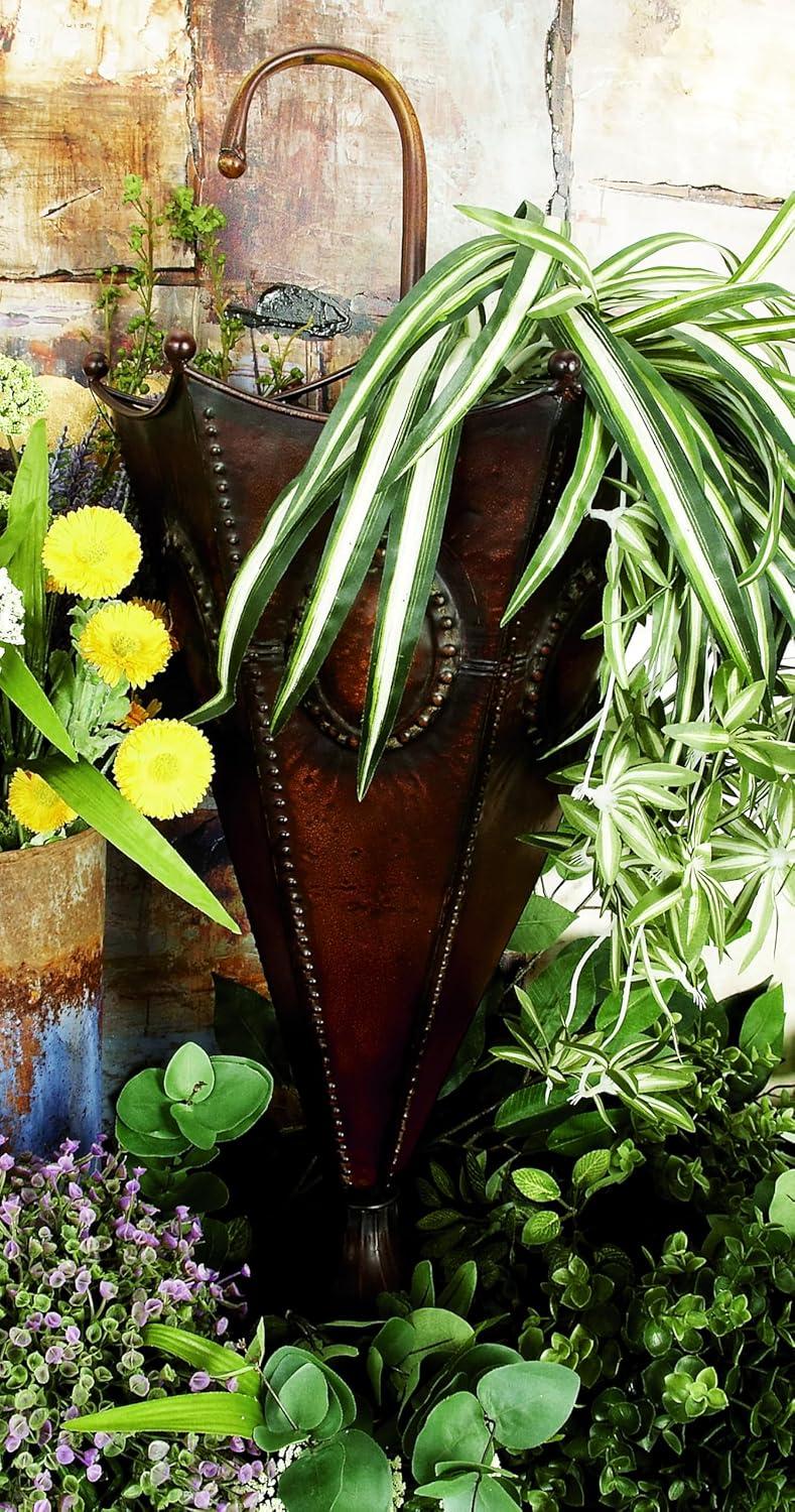 DecMode Brown Metal Umbrella Stand with Embossed Emblems