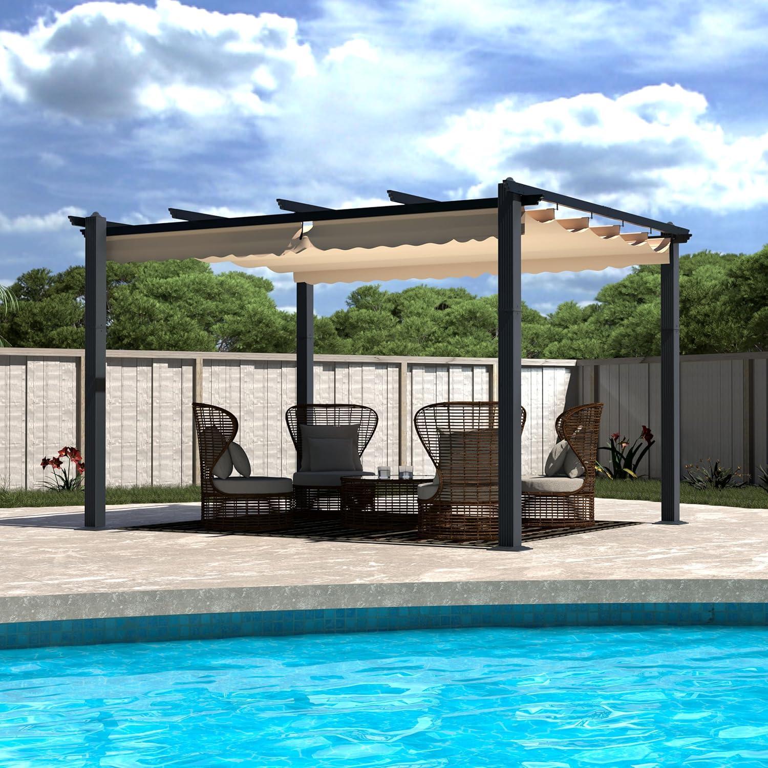 COVERONICS 10x10 FT Outdoor Retractable Aluminum Pergola, Heavy-Duty Patio Metal Shelter with Retractable Canopy, Polyester Sun Shade Pergolas for Garden, Yard, Poolside, Party(Khaki)