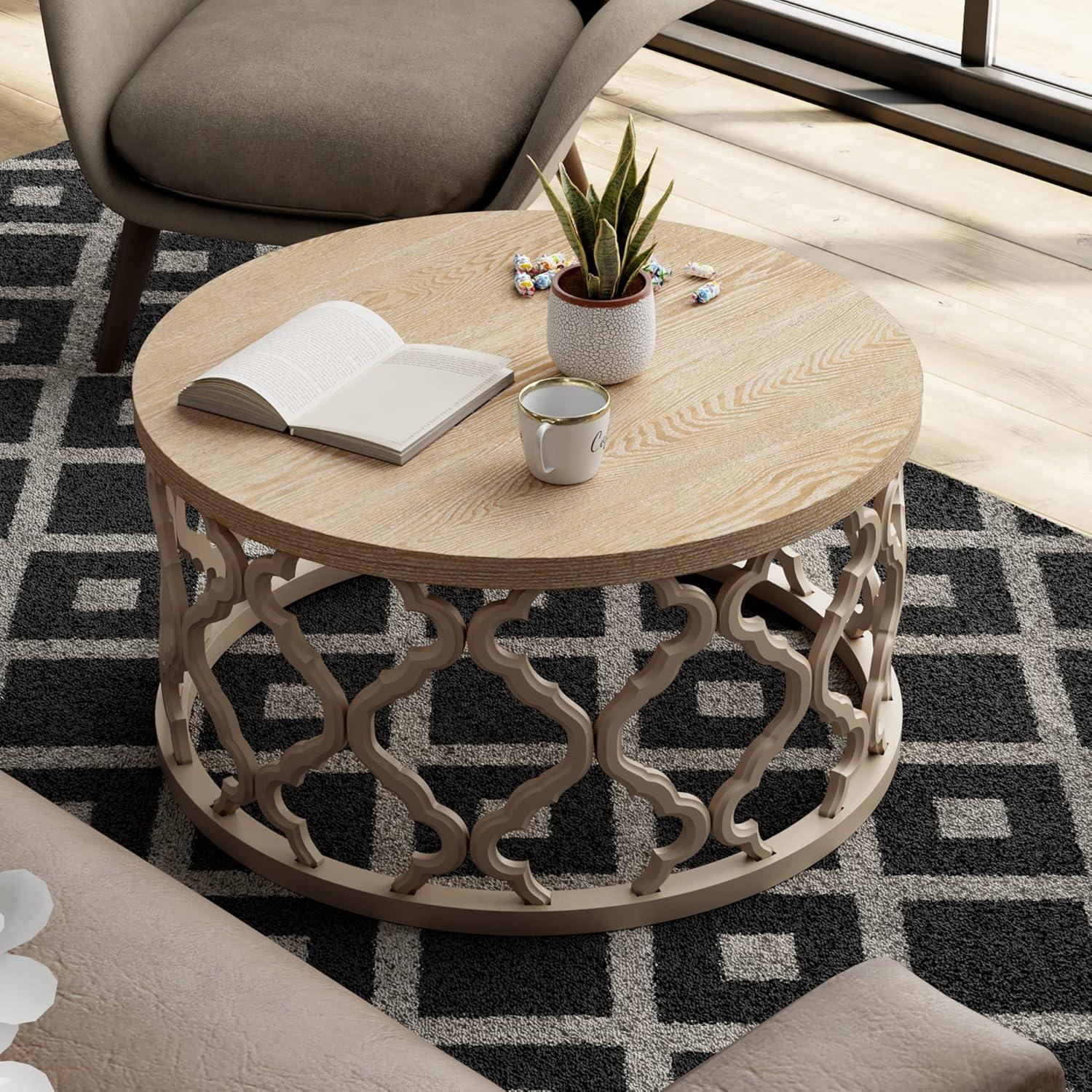 Round Natural Wood Coffee Table with Curved Motif Frame