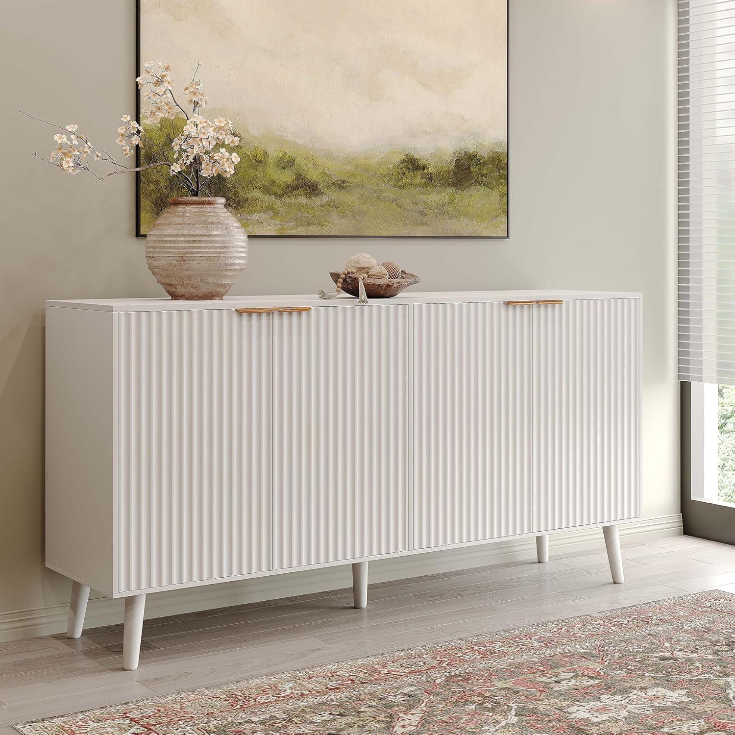 SICOTAS Fluted White Storage Cabinet, Wood Sideboard Buffet Cabinet with Spray-Painted Finish, Multifunctional Console Table with Storage Credenza Accent Cabinet for Living Room, Dining Room, Hallway