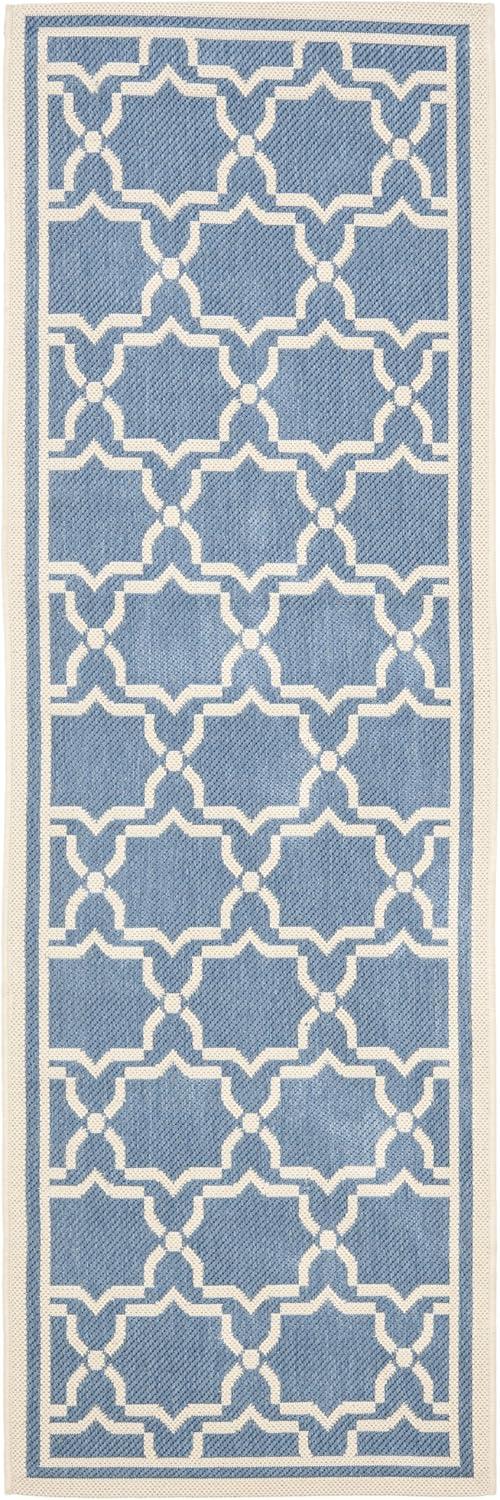 Blue and Beige Geometric 27''x14'' Synthetic Indoor/Outdoor Runner Rug