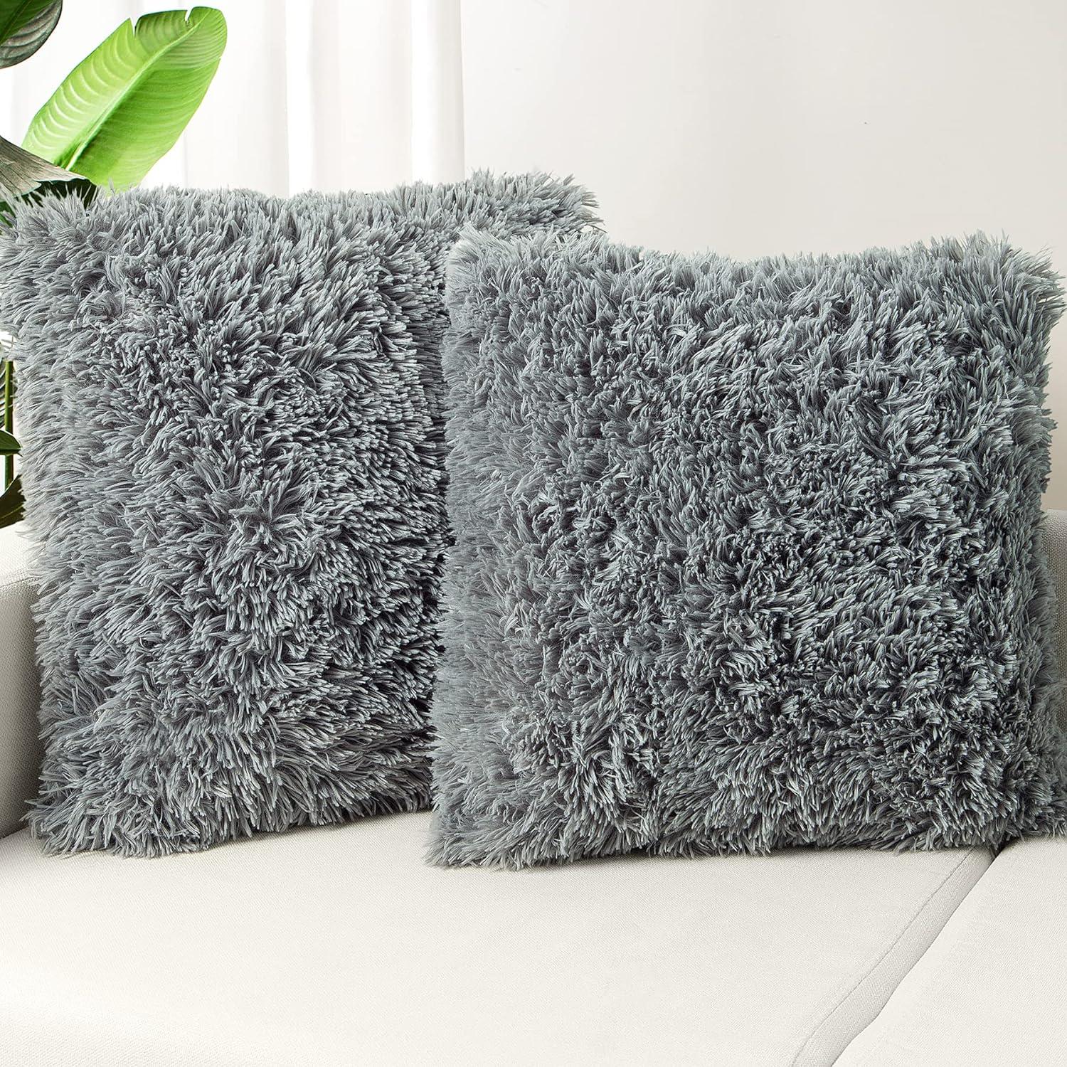 Juvale Set of 2 Gray Faux Fur Decorative Throw Pillow Covers Cushion Cases for Couch Sofa, Fuzzy Home Decor, 18x18 in