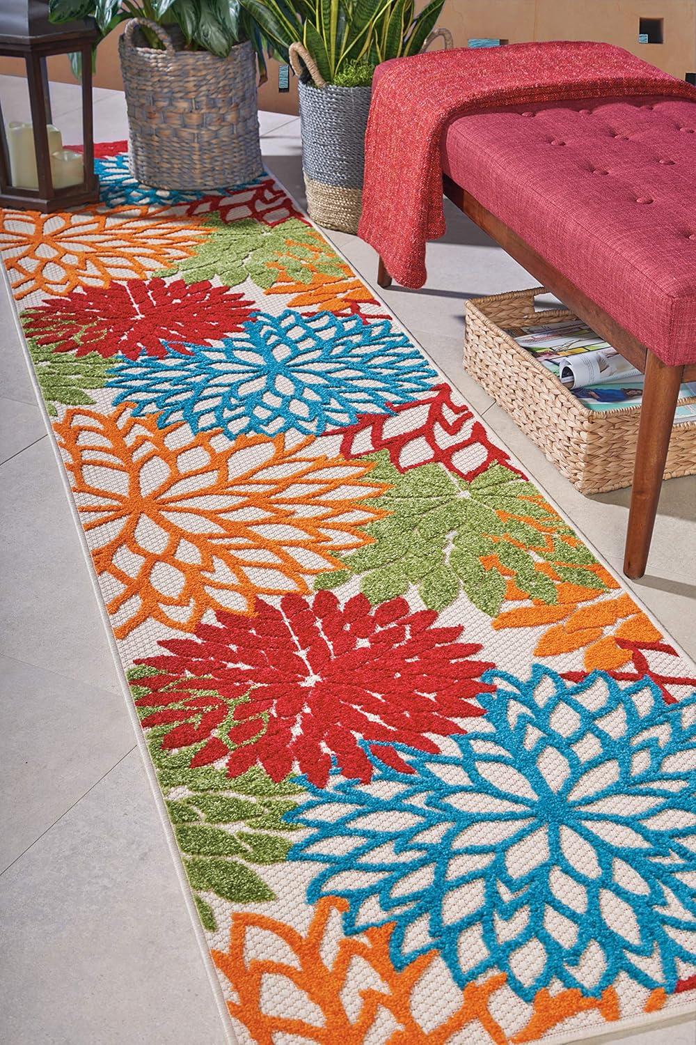 Tropical Green Floral Bloom 27'' x 120'' Synthetic Outdoor Rug