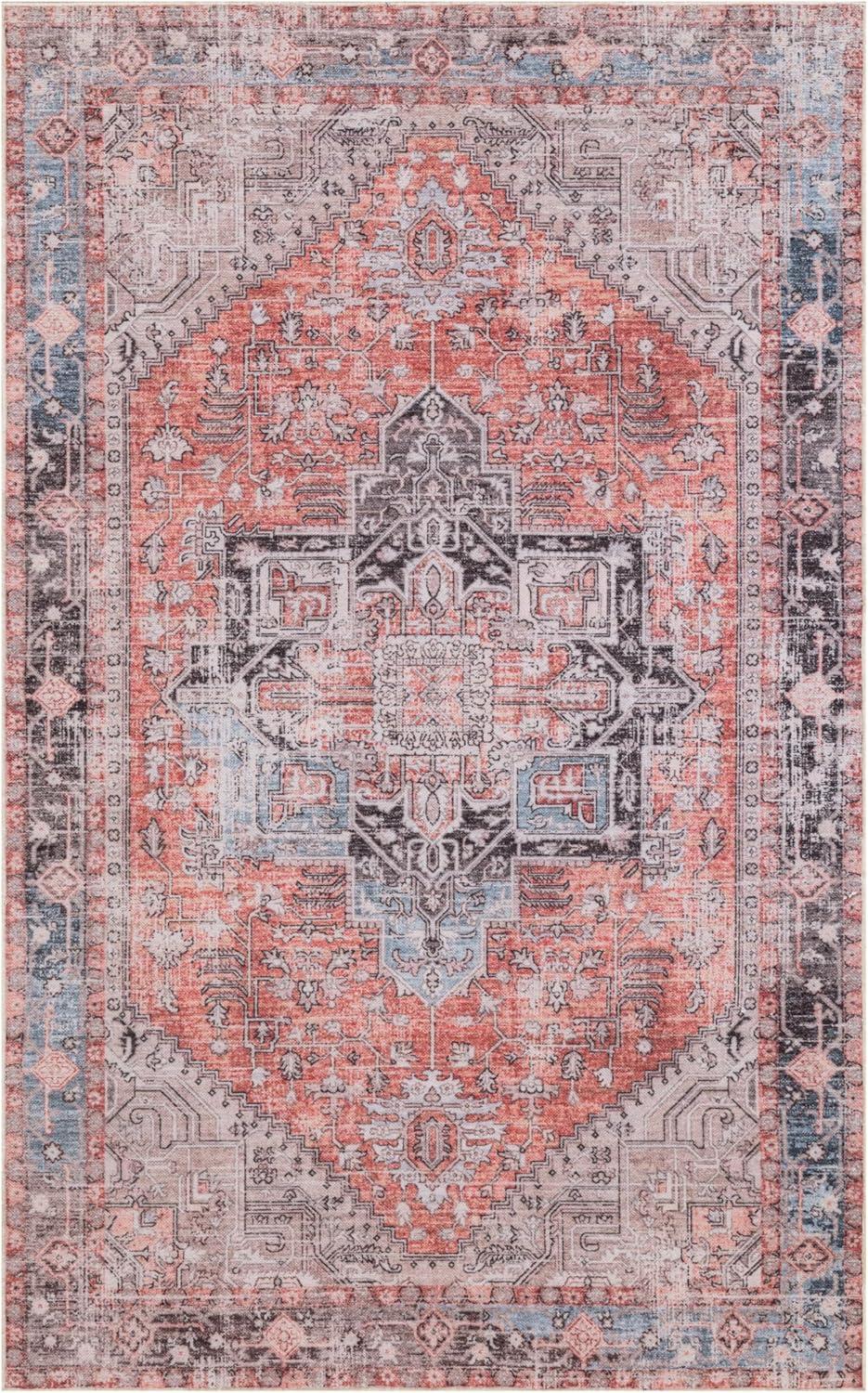 Machine Washable Thin Area Rug - Oriental Vintage Rust Red Kitchen, Bedroom, Hallway, Bathroom, and Entryway 3x5 Rugs - Stain and Water-Resistant - Non-Slip - Pet and Kid Friendly