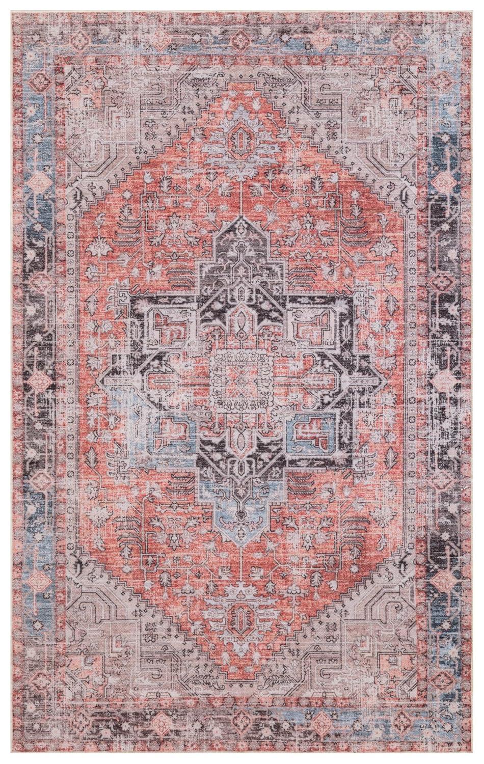 Machine Washable Thin Area Rug - Oriental Vintage Rust Red Kitchen, Bedroom, Hallway, Bathroom, and Entryway 3x5 Rugs - Stain and Water-Resistant - Non-Slip - Pet and Kid Friendly