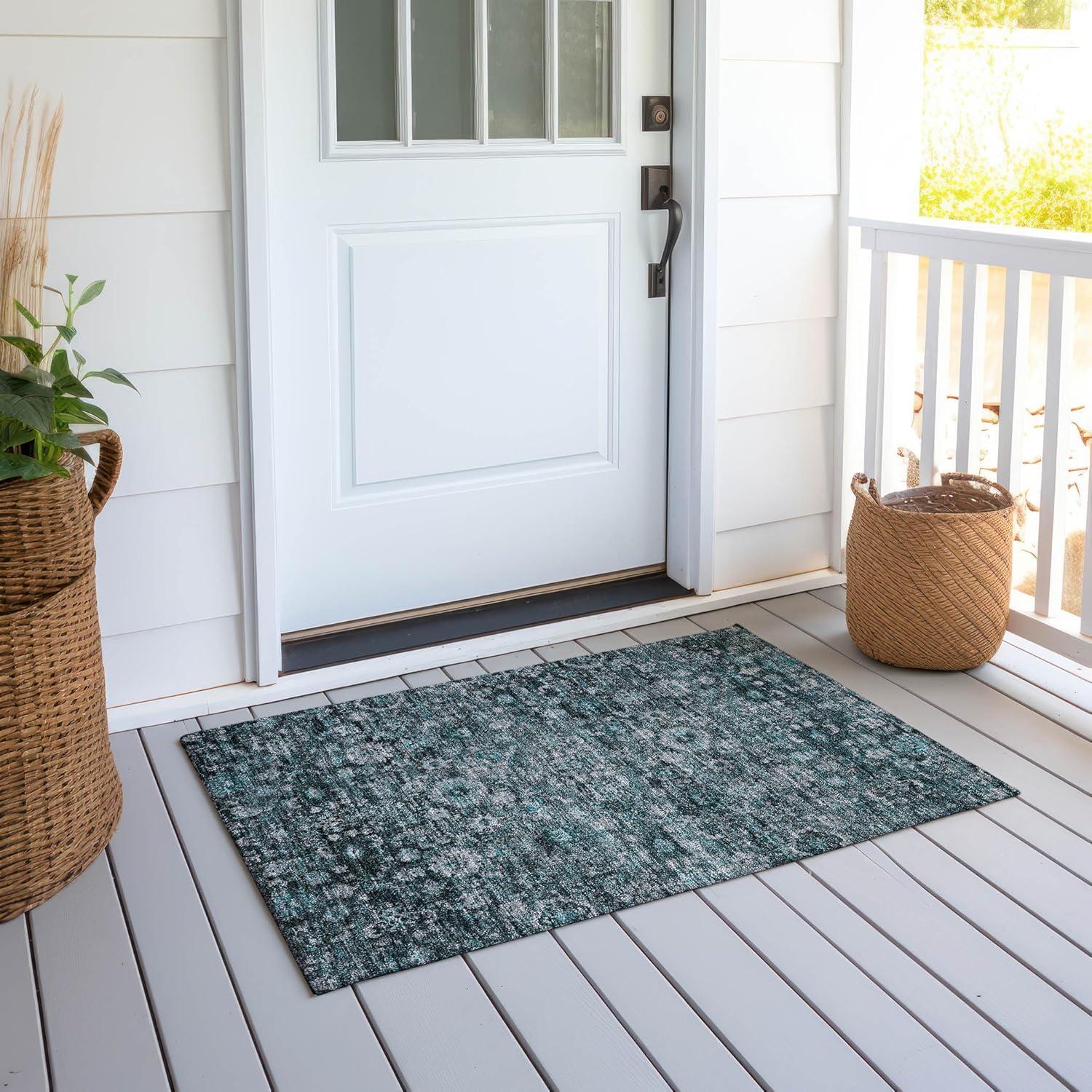 Teal Rectangular Machine-Washable Non-Slip Area Rug