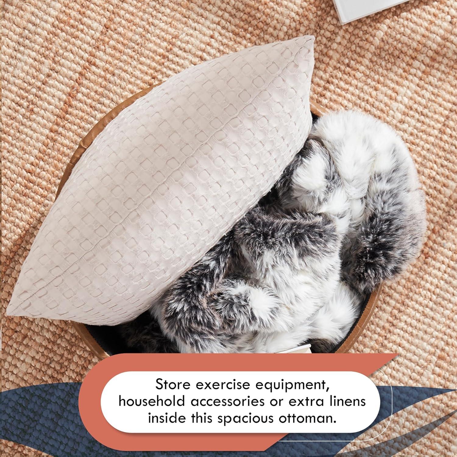 Ornavo Home Faux Leather Upholstered Round Tufted Storage Ottoman with Wooden Legs - Mocha