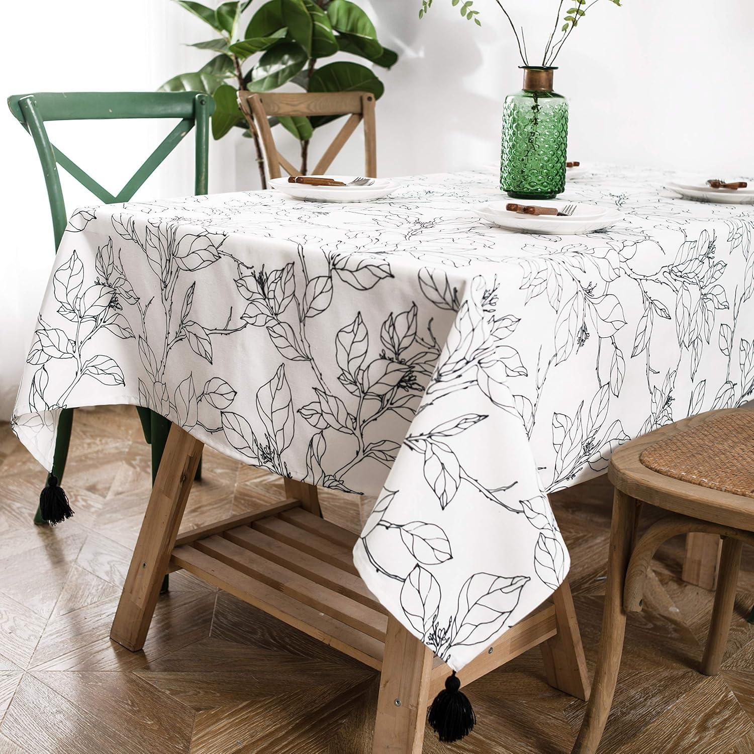 Elegant Black and White Polyester Rectangular Table Cloth with Tassels