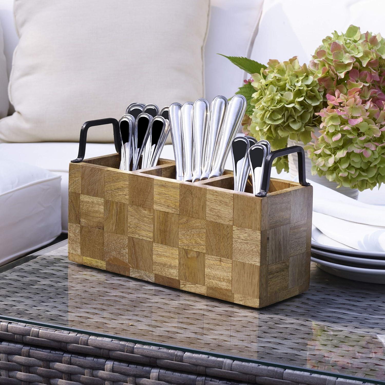 Avery Checkered Mango Wood Flatware Caddy with Iron Handles