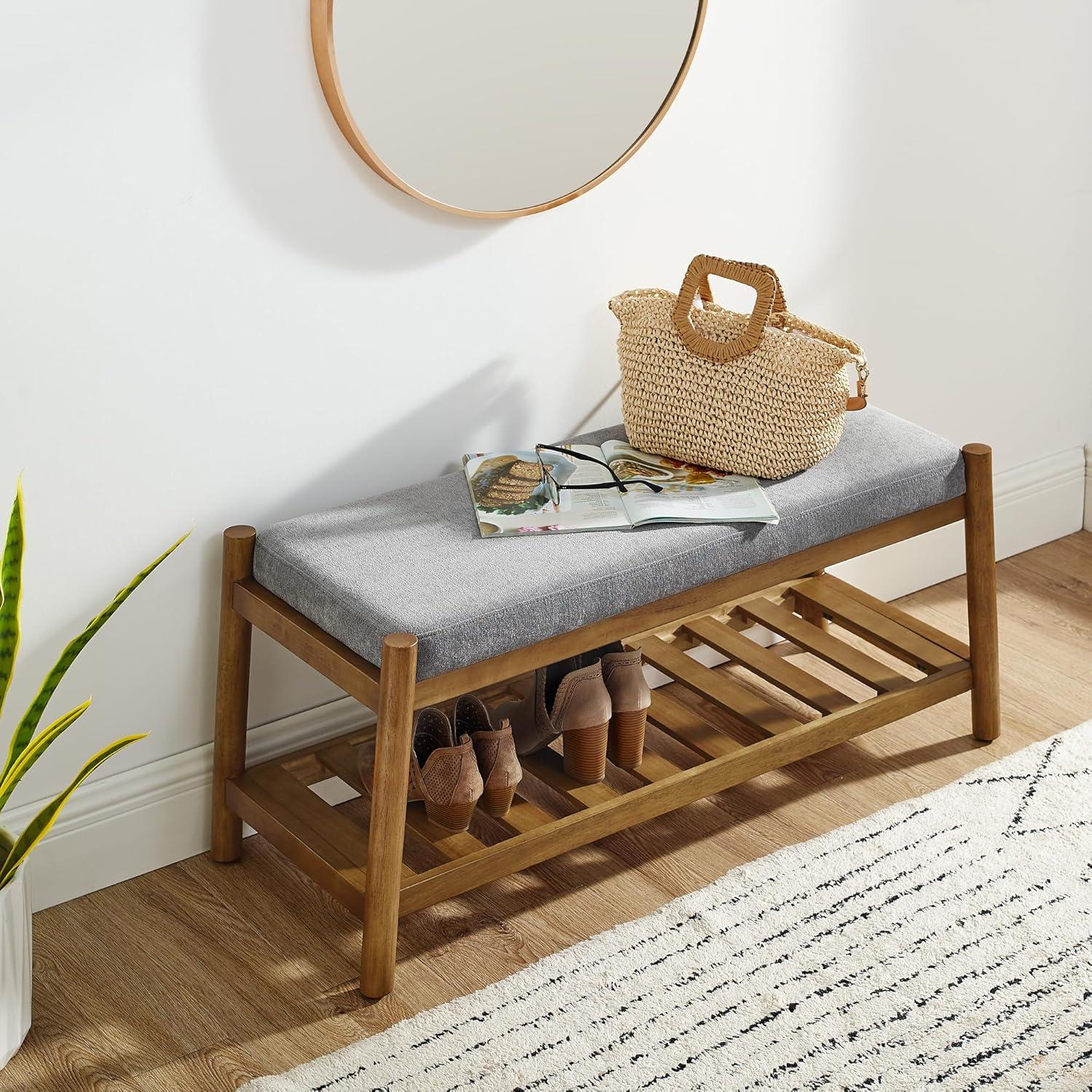 Upholstered Entryway Bench, Bedroom Bench for End of Bed, Dining Bench with Padded Seat for Kitchen, Living Room, Fabric Rubber Wood Indoor Bench (Beige)