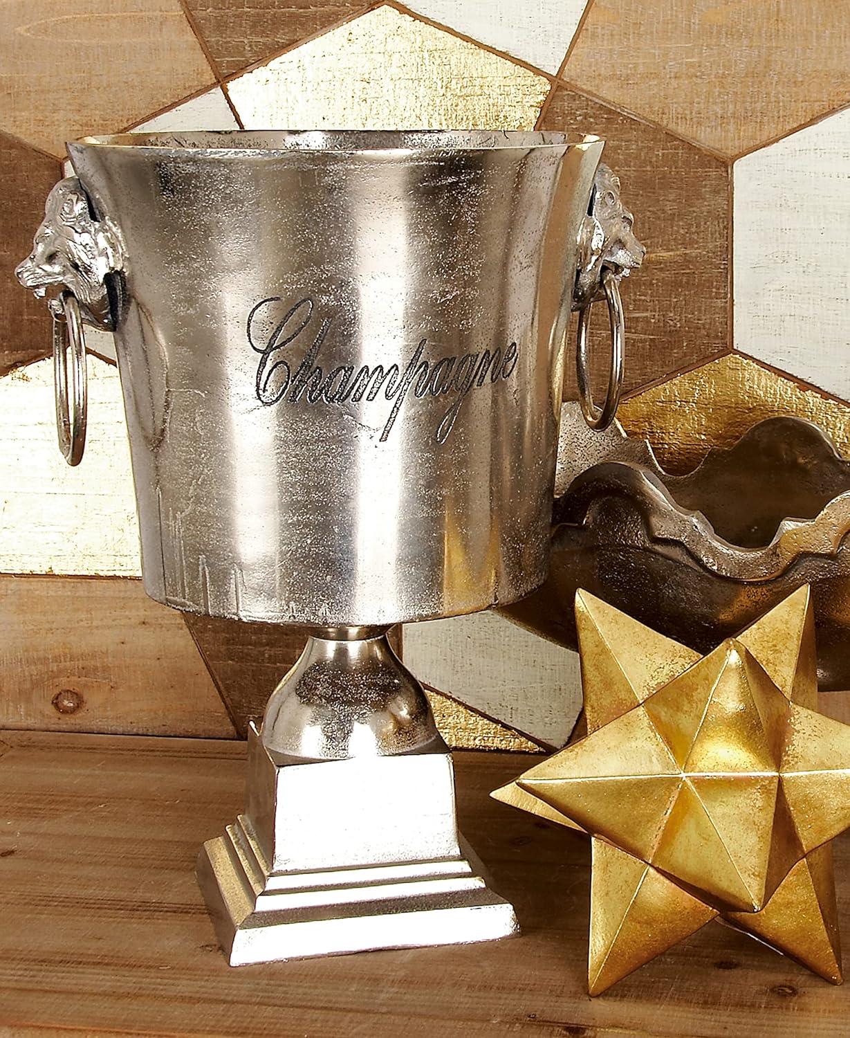 DecMode Round Aluminum 2 Bottles Silver Ice Bucket with Champagne Text