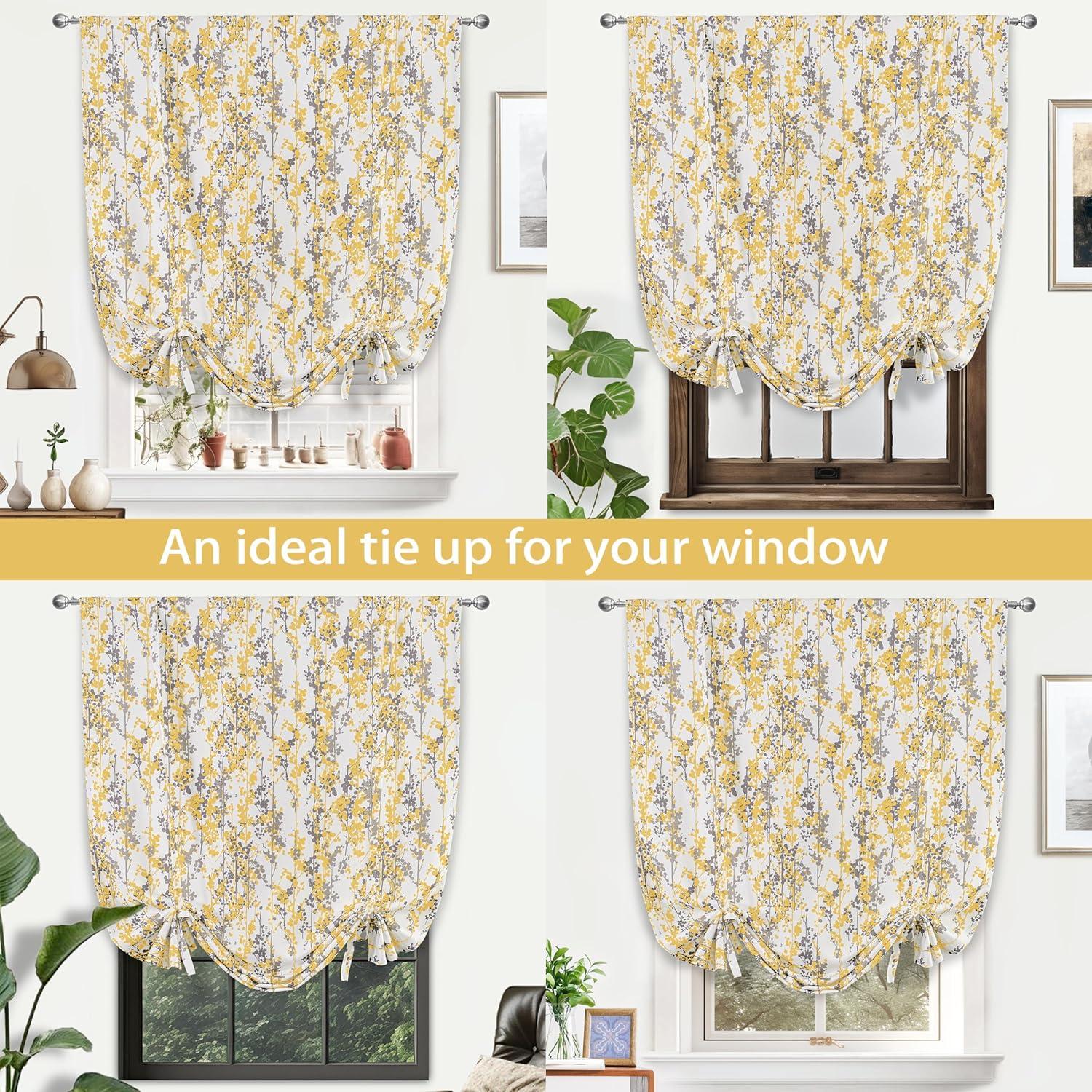 DriftAway  Leah Abstract Floral Blossom Ink Painting Pattern Tie Up Curtain 40 - 49 Inches 63 Inches Golden Yellow/Gray 45" width x 63" length