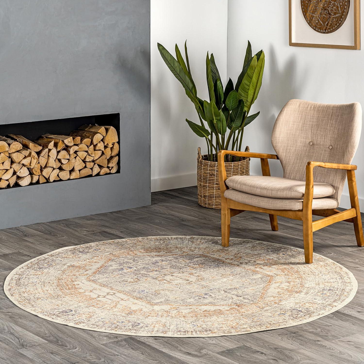 Round 19" Gray Vintage Floral Easy-Care Area Rug