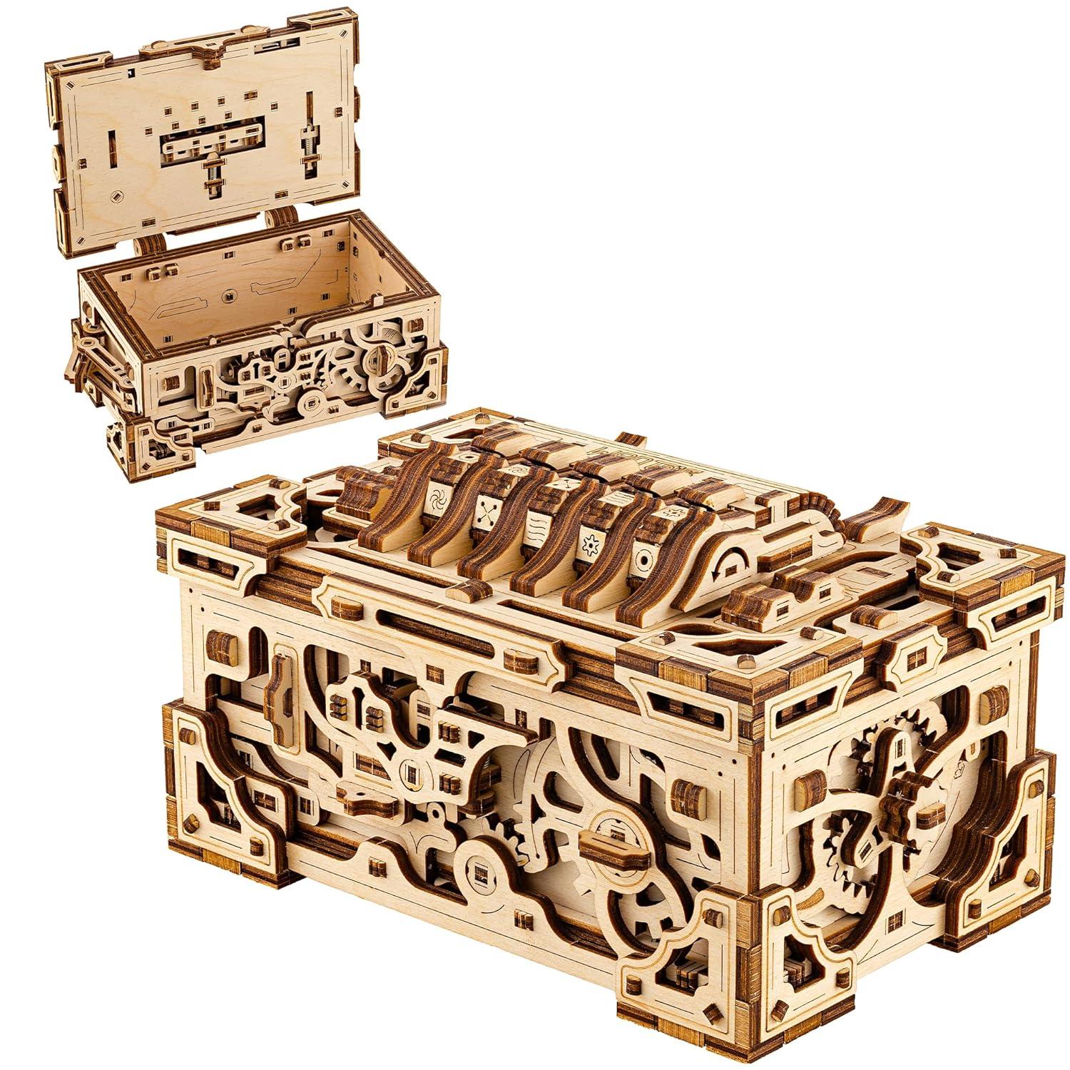 Wood Trick Enigma Chest Lock Puzzle Box Wooden 3D Puzzles for Adults and Kids to Build - Engineering DIY Project Mechanical Model Kits for Adults Wooden Models