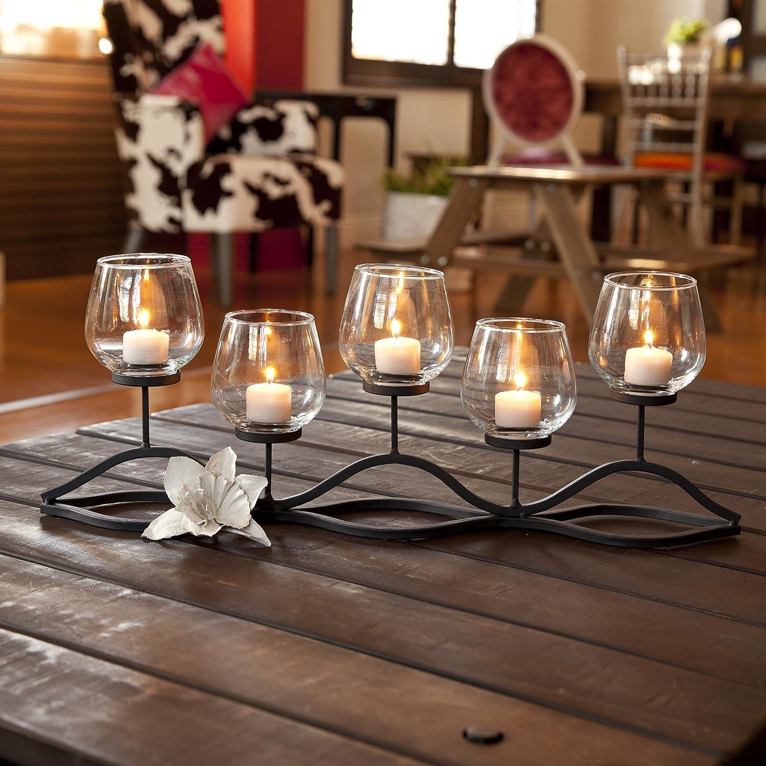 22" x 8" Decorative Iron 5-Tealight Candle Holder Black - Danya B: Glass & Iron, Tabletop Hurricane Centerpiece