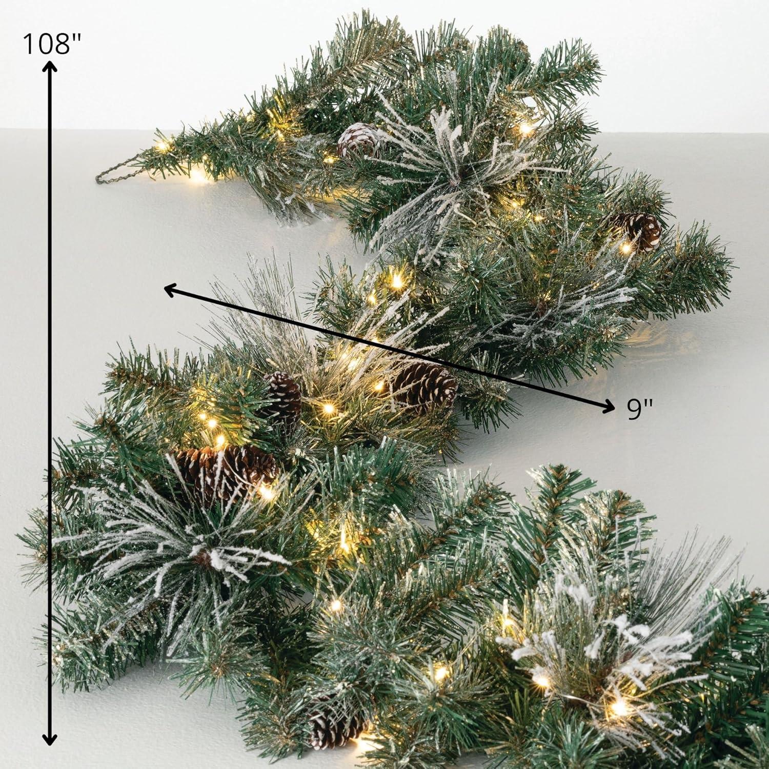 Sullivans 9-Foot Pre-lit Artificial Mixed Pine Christmas Garland Decorated with Pinecones, Light Flocking, Gold Glittered Accents, and Warm White