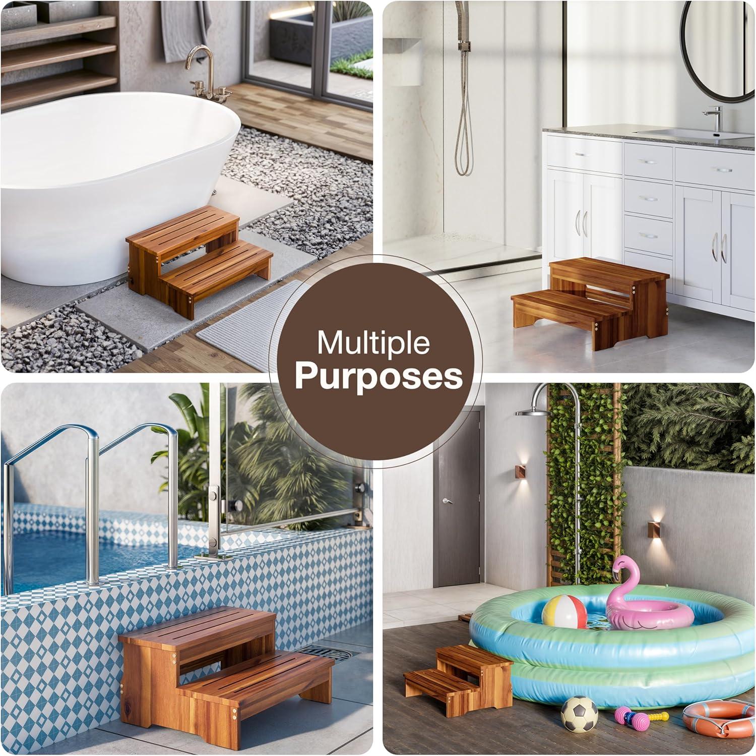 TINAMO 25" Long Step Stool for Adult & Kid - Wooden Two Step Stool 500 Lbs - Riser 2-Step Spa & Hot Tub Stairs for Pool - Heavy Duty 2 Step Stools for Bed, Kitchen/Outdoor - Patent Pending (Acacia)