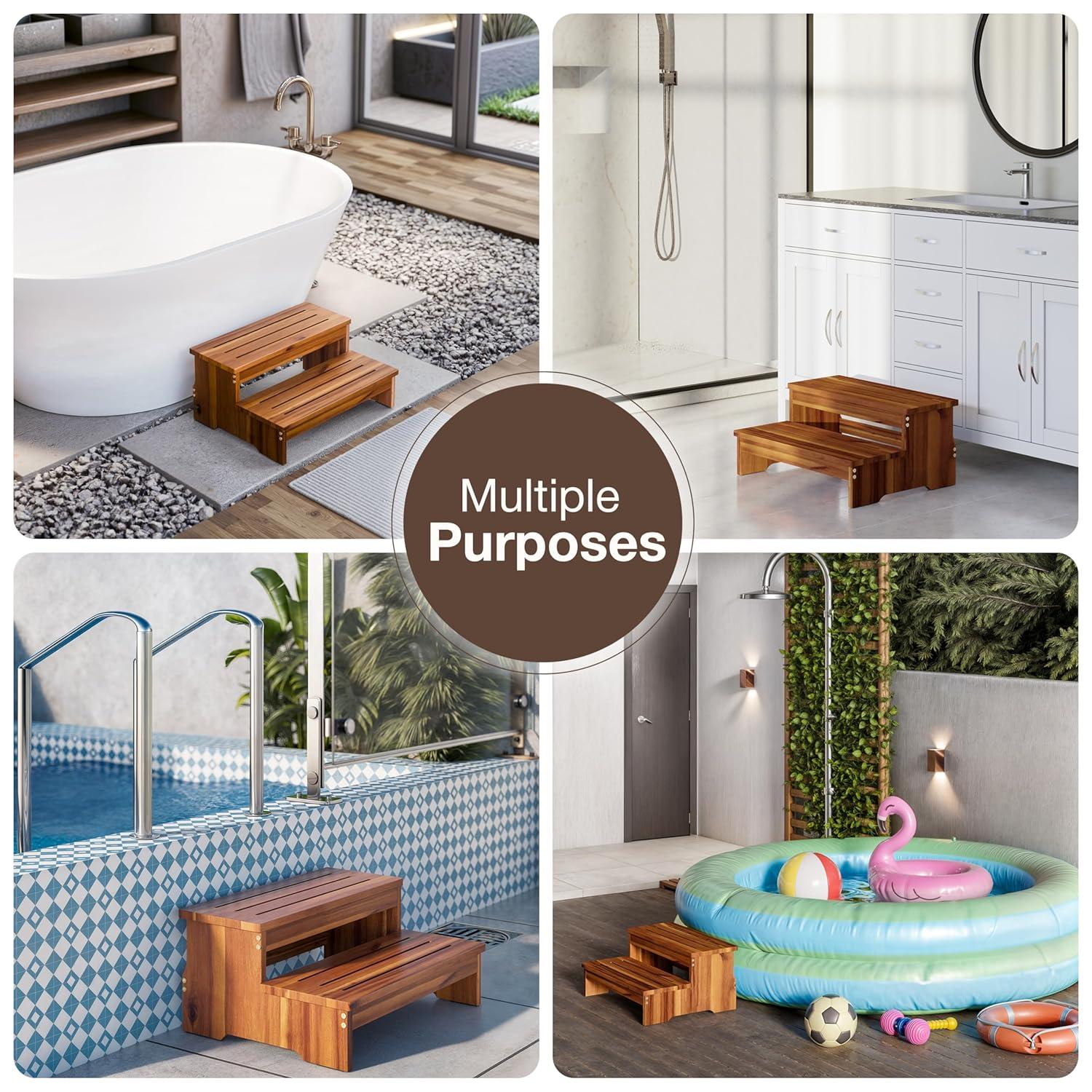 TINAMO 25" Long Step Stool for Adult & Kid - Wooden Two Step Stool 500 Lbs - Riser 2-Step Spa & Hot Tub Stairs for Pool - Heavy Duty 2 Step Stools for Bed, Kitchen/Outdoor - Patent Pending (Acacia)