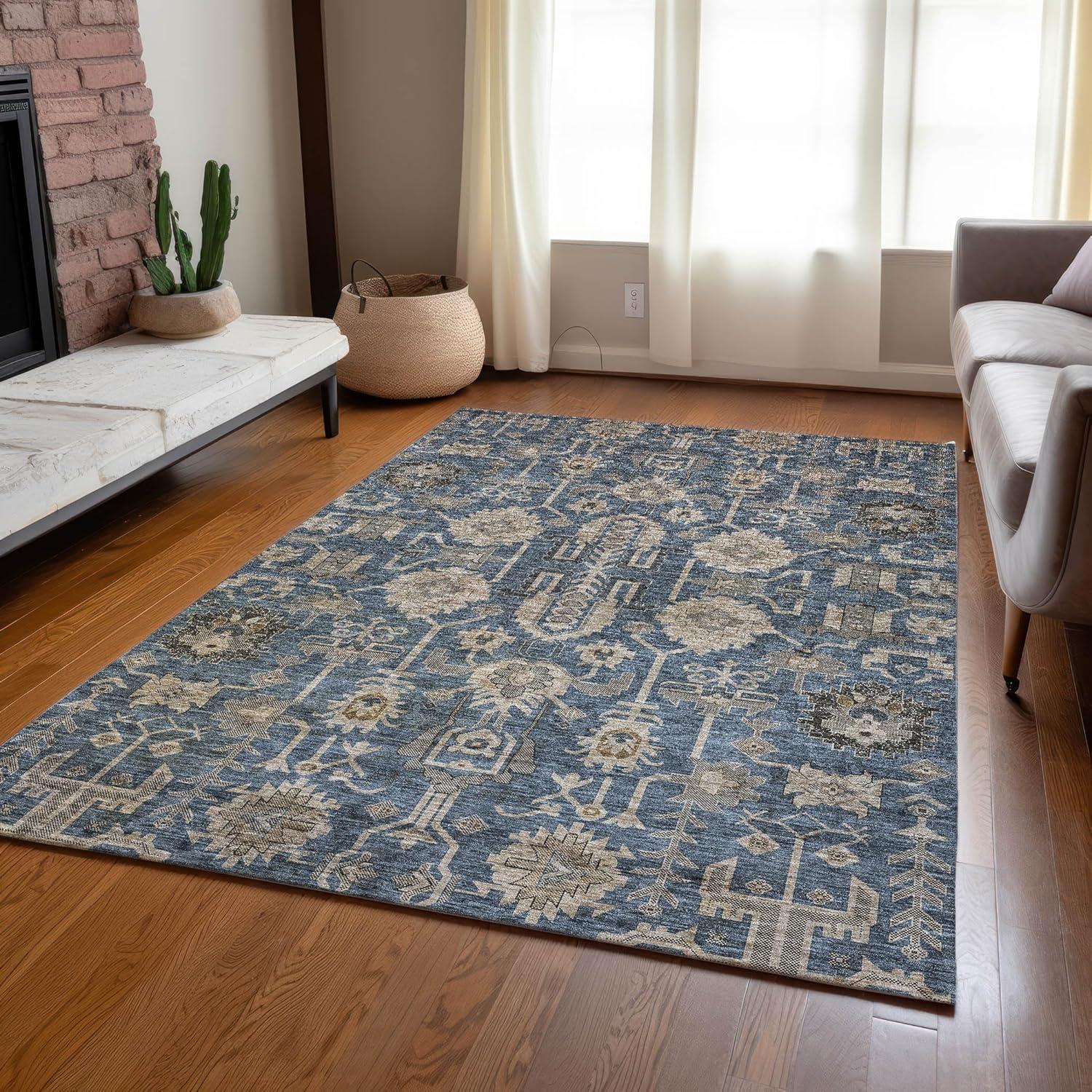 Navy and Beige Synthetic Flat Woven 8' x 10' Oriental Rug