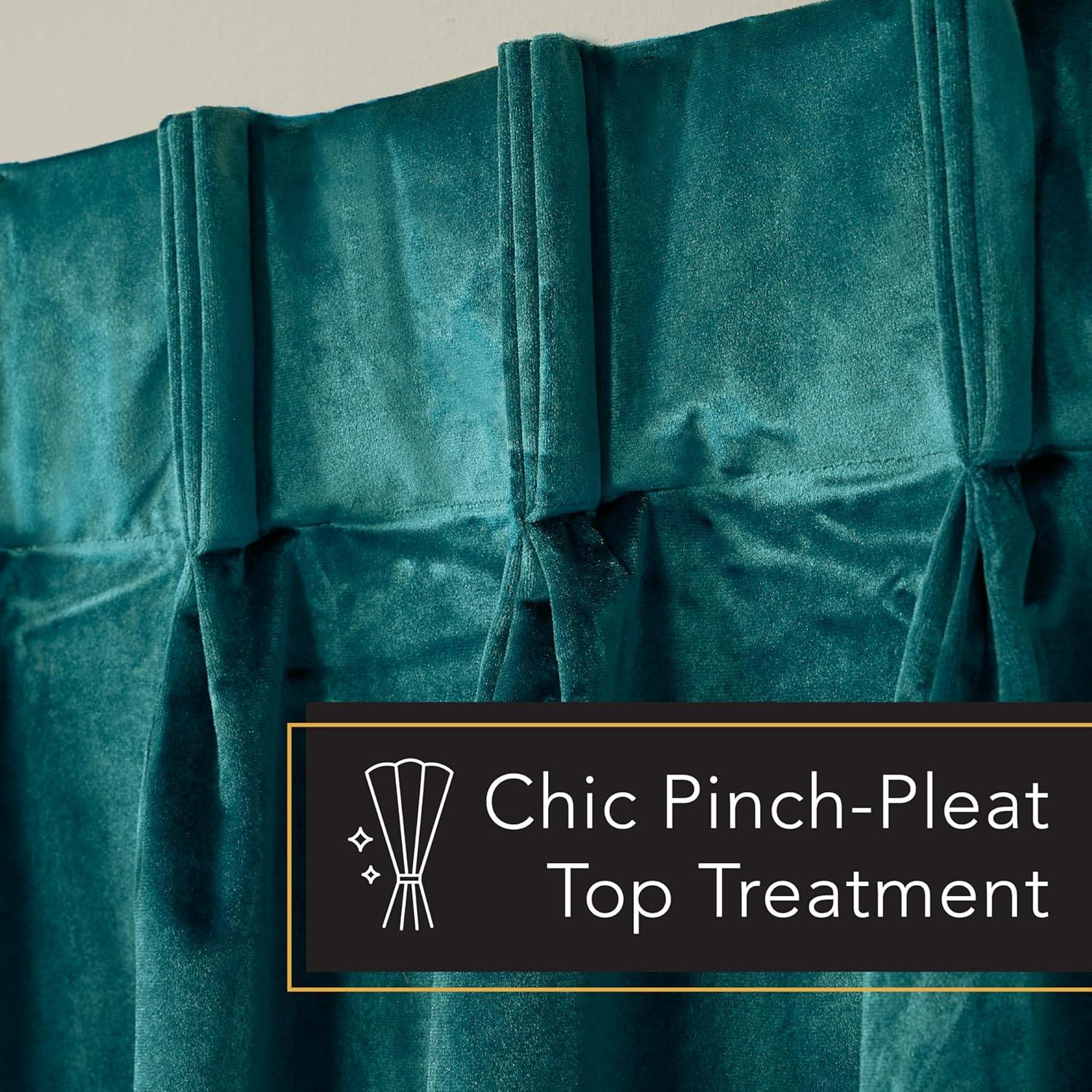TOWN & COUNTRY LUXE Velour Solid Heavyweight Indoor Curtains, Light Filtering Opacity, Triple Pinch Pleat Top, Plush Velvet, 2-Pack Set, 27"x84", Teal