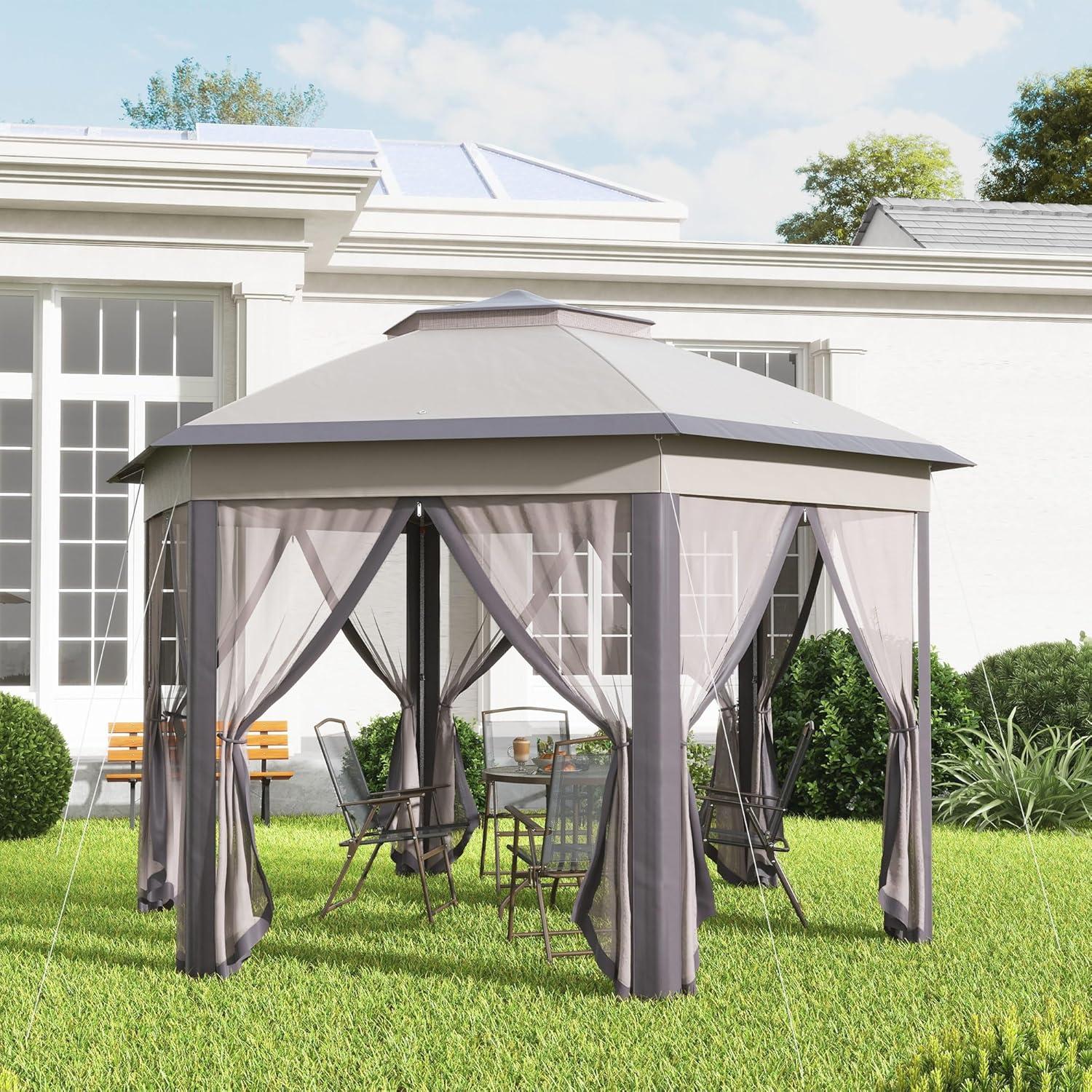 Outsunny 13' x 13' Pop Up Gazebo Hexagonal Canopy with 6 Zippered Mesh Netting, 2-Tier Roof Event Tent with Steel Frame for Patio Backyard, Coffee