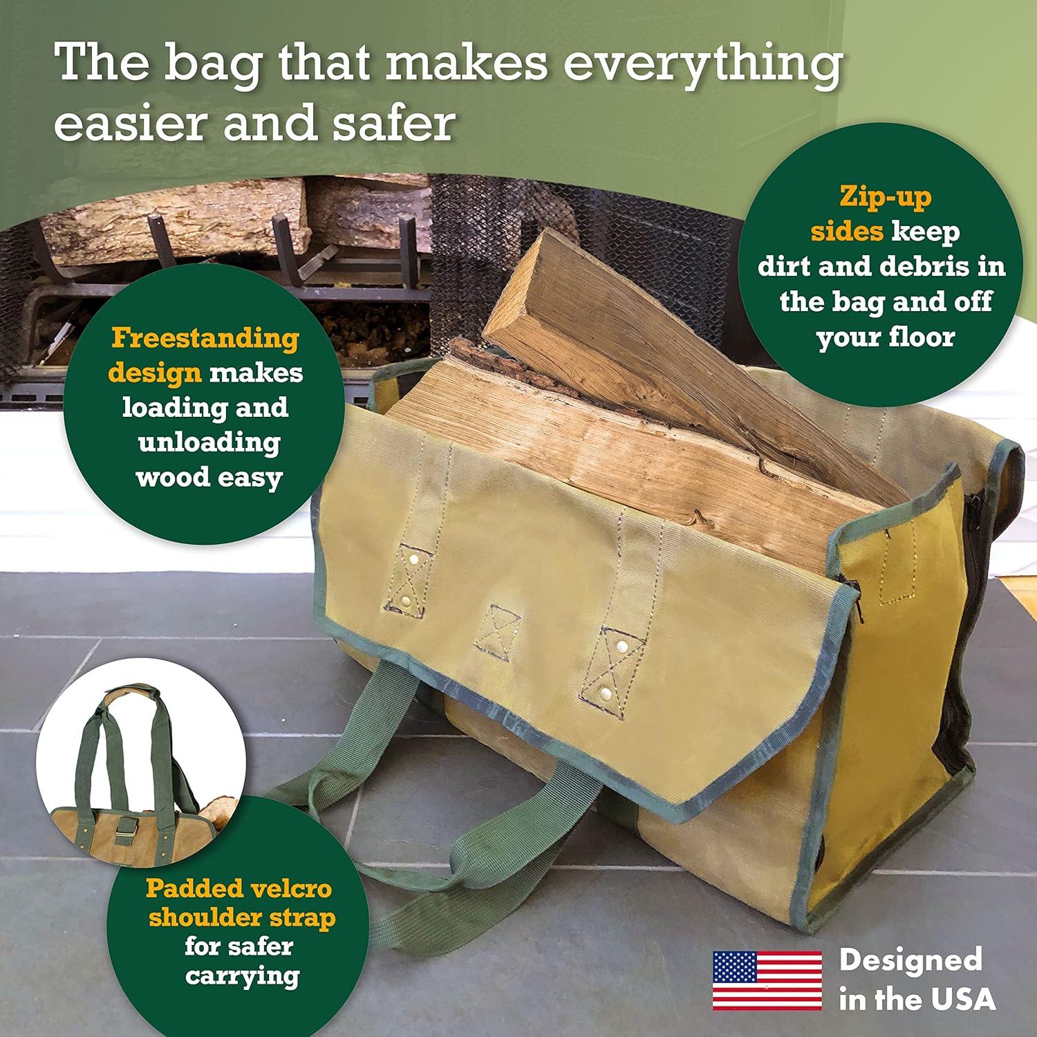 HinterHill 2-in-1 Firewood Carrier Bag Heavy-Duty Waxed Canvas. Adjustable Log Carrier with Zip up or Down Sides for Longer Logs and to Keep Dirt and Debris Inside the Bag.