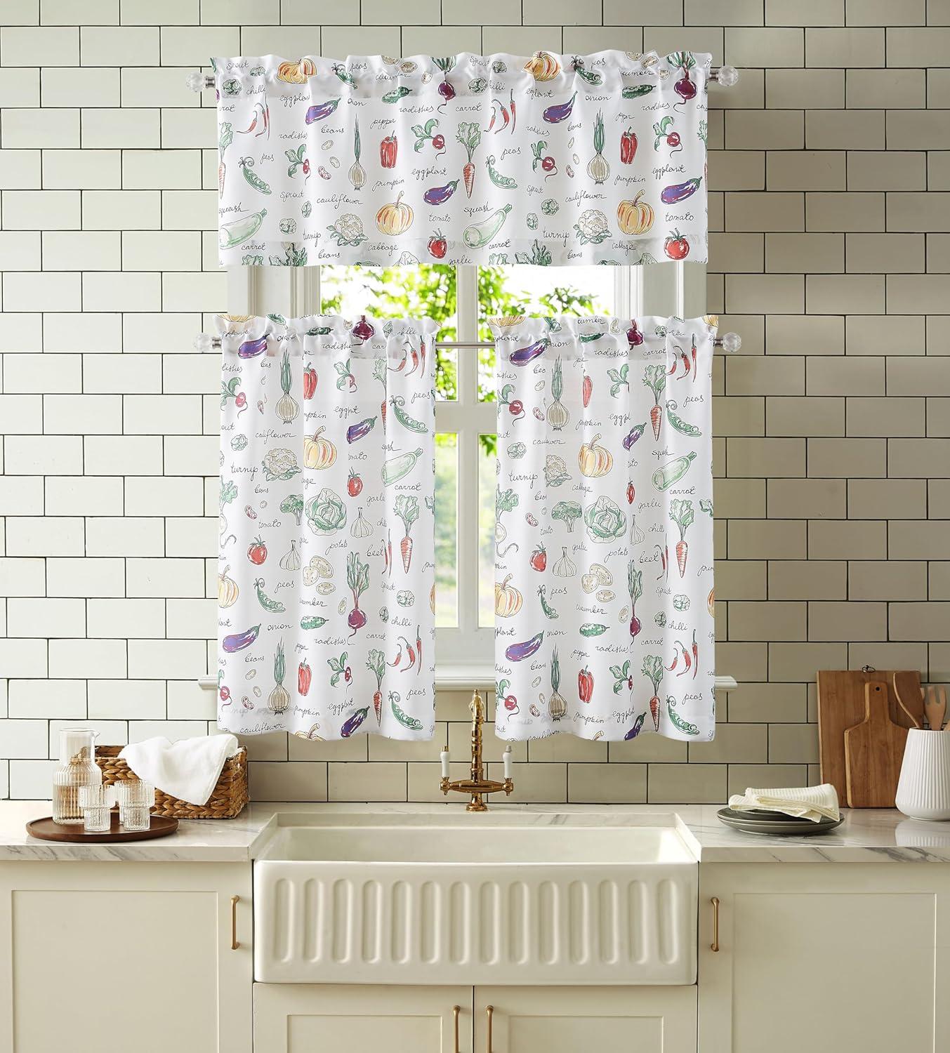 RT Designer's Collection Tribeca Vegetables Printed 3 Pieces Kitchen Curtain Set Includes 1 Valance 52" x 18" and 2 Tiers 26" x 36" Each Multi Color