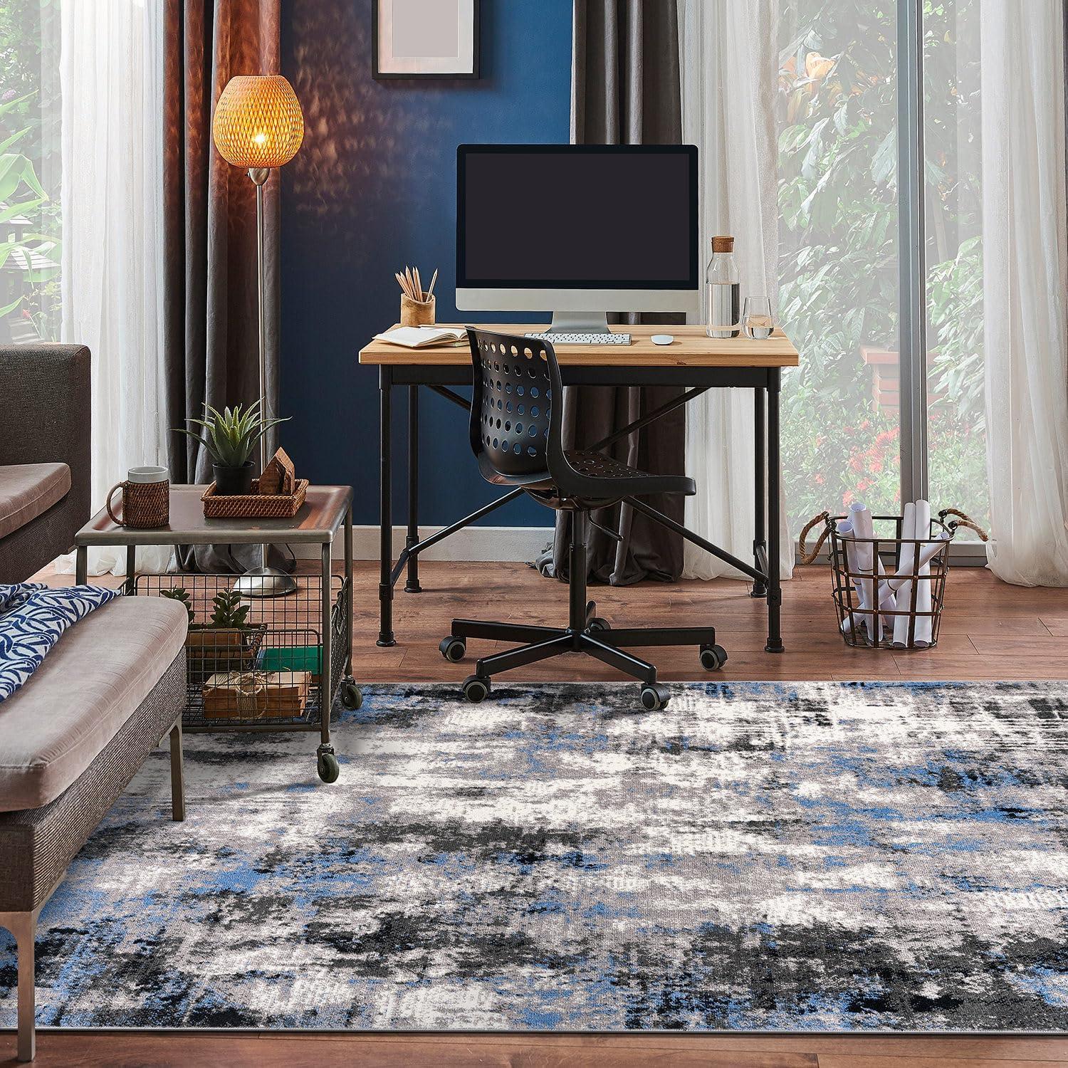 Blue and Gray Abstract 5' x 7' Stain-Resistant Synthetic Area Rug