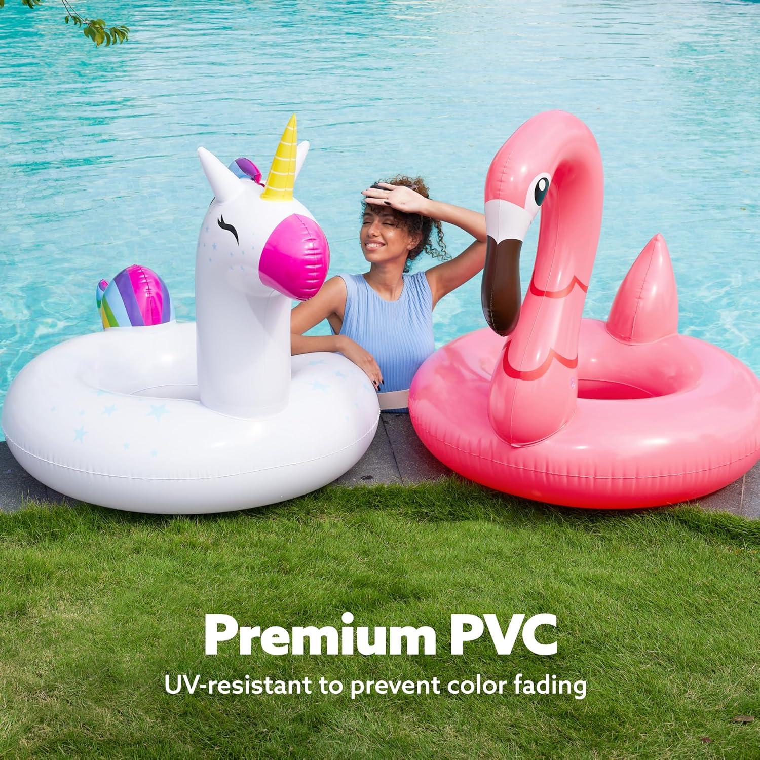 Joyfy 2 Packs Pool Floats Tube, Inflatable Unicorn Flamingo Pool Toys Floaties with Headrest, Pool Swim Ring for Kids Adults Beach Lake Summer Fun