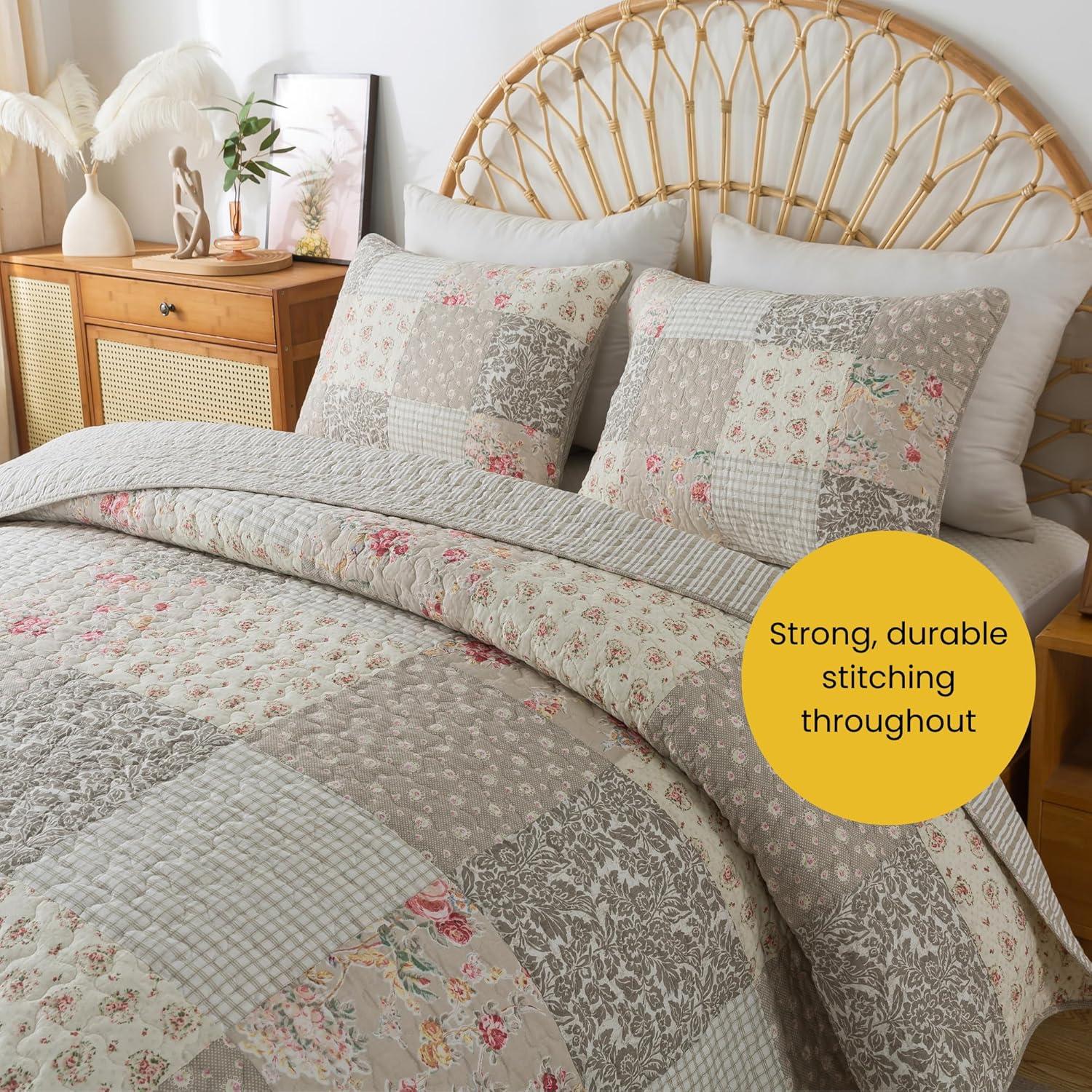 SLPR Walk in The Cotswolds Patchwork Cotton Pieced Quilt Set - Queen Size with 2 Shams, Neutral Floral & Cream Cottage Quilted Bedspread, French Country Farmhouse Bedding for All Seasons