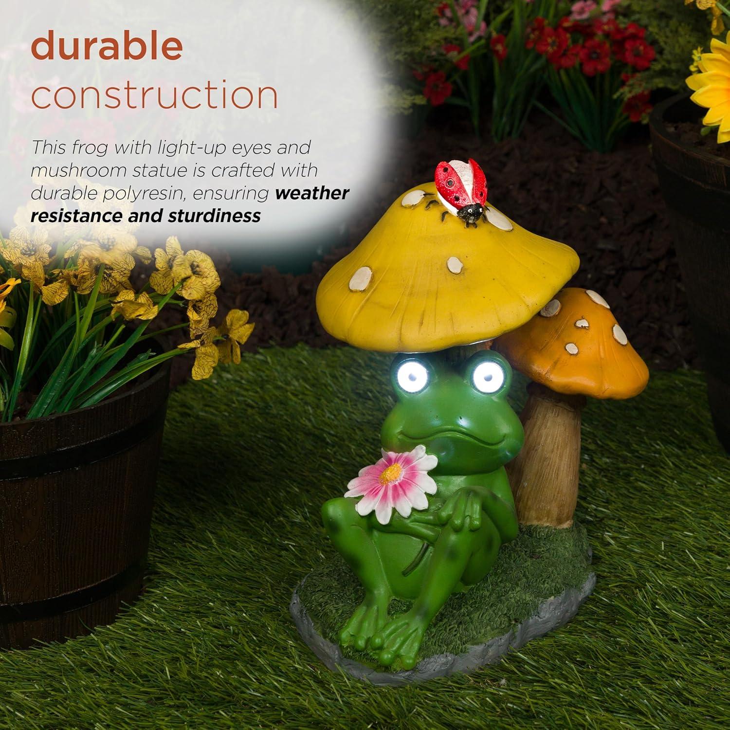 Alpine Corporation Frog Mushroom Statue With Solar: Whimsical Garden Decor, Polyresin, Ambient Glow