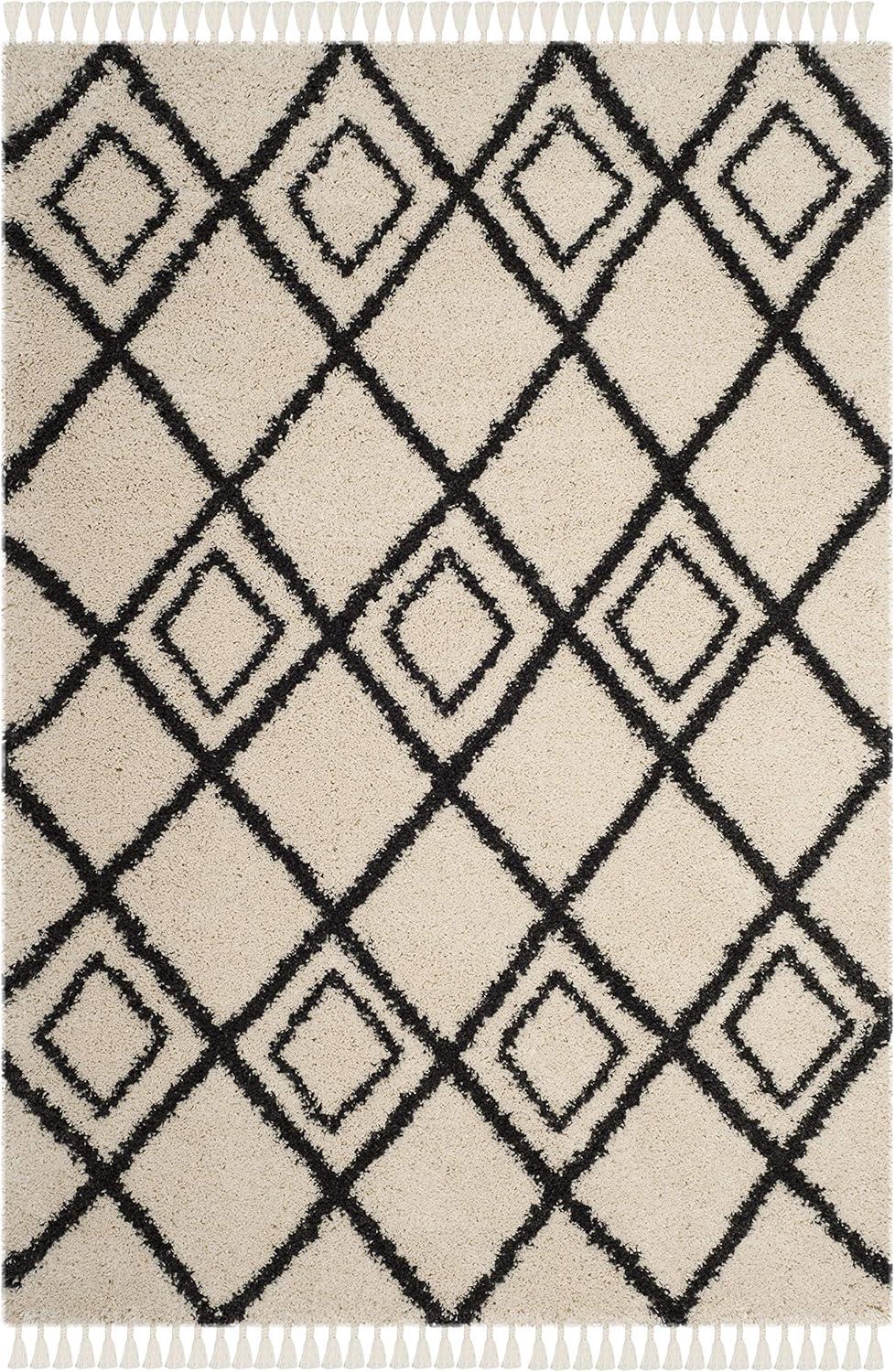 SAFAVIEH Moroccan Fringe Kingston Geometric Shag Area Rug, Cream/Charcoal, 3' x 5'