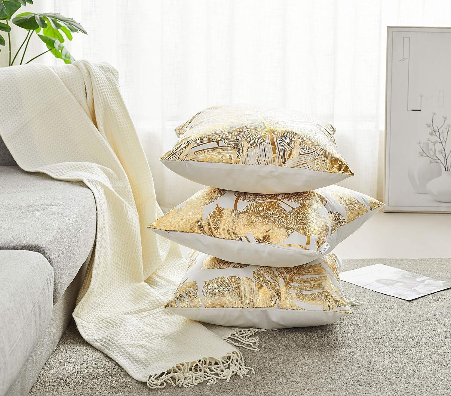 Pack of 4 Decorative Throw Pillow Case Cushion Cover Gold Stamping Leaves 18 x 18 inches 45 x 45 cm for Couch Bedroom Car