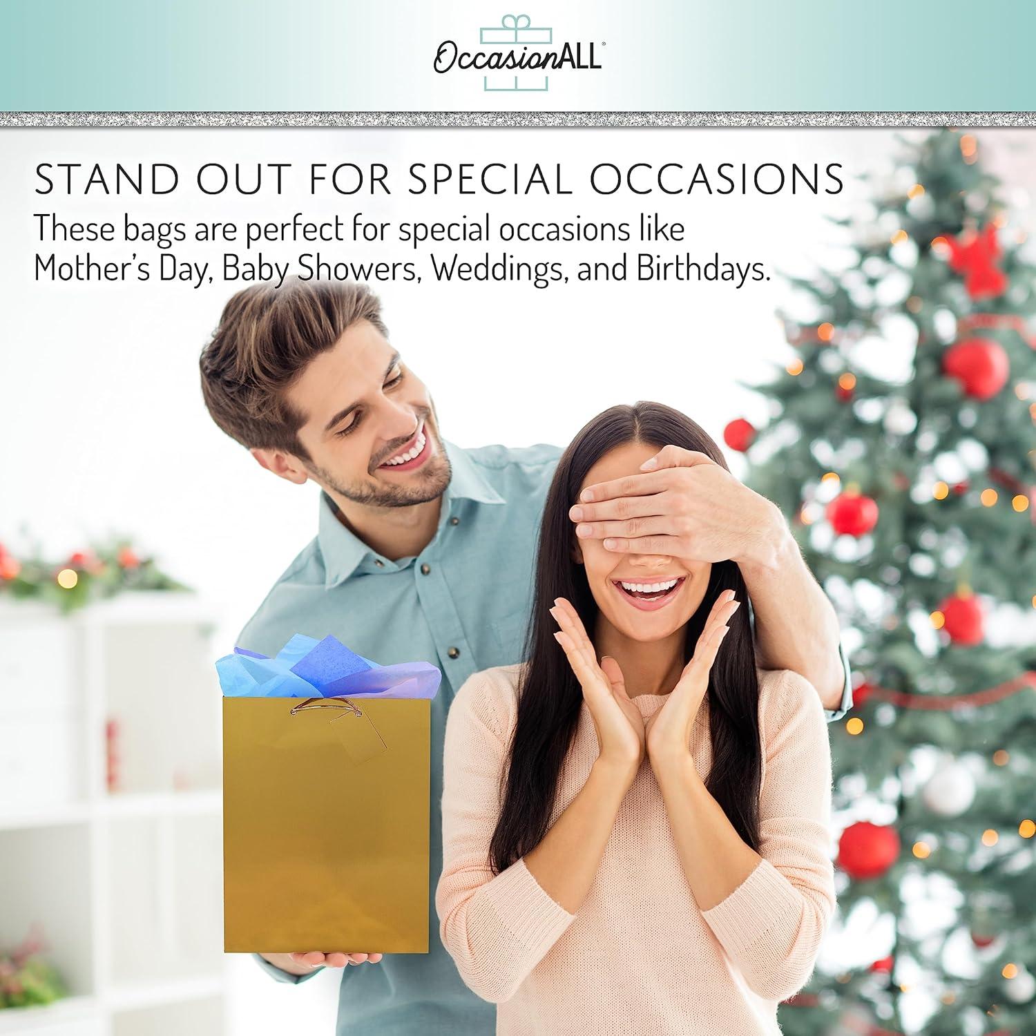 10x13x5" 12uds. Grandes Bolsas de Regalo de Papel Dorado Metalizado con Asas Metálicas, Bolsas de Regalo para Fiestas de Cumpleaños, Regalos de Bodas C8